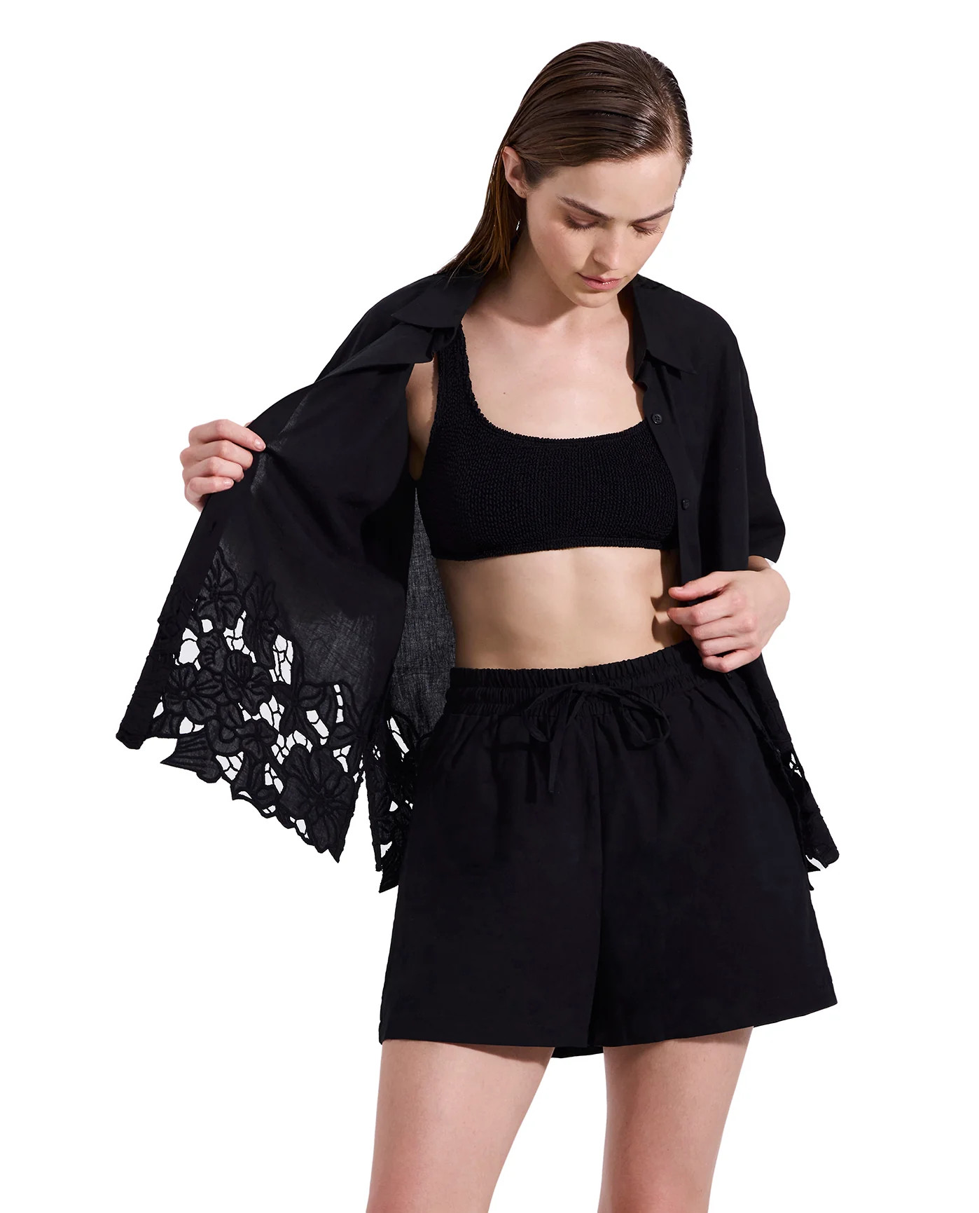 Amalfi Lace Short Sleeve Button Down Shirt Cover-Up-Black - Image 3