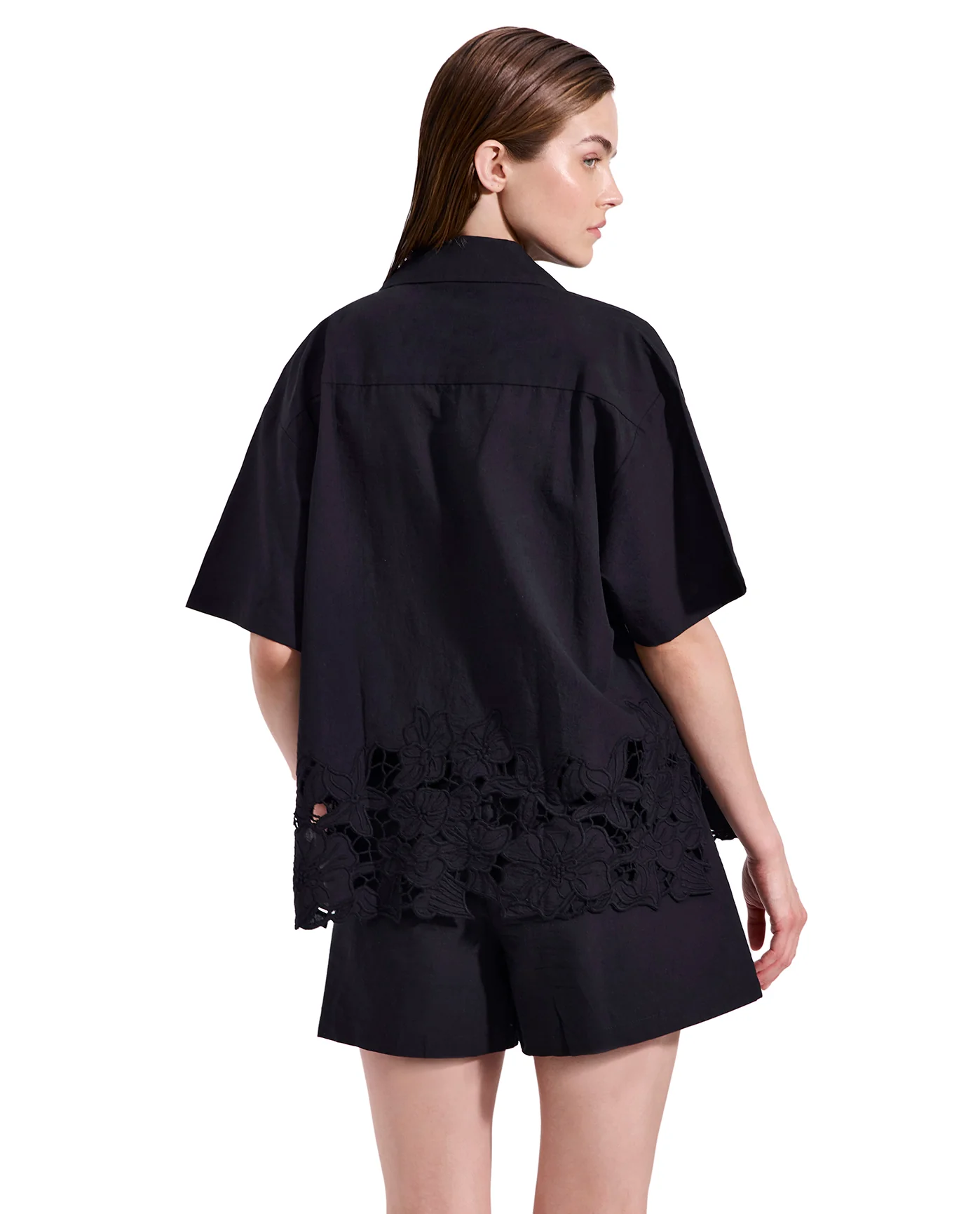 Amalfi Lace Short Sleeve Button Down Shirt Cover-Up-Black - Image 4
