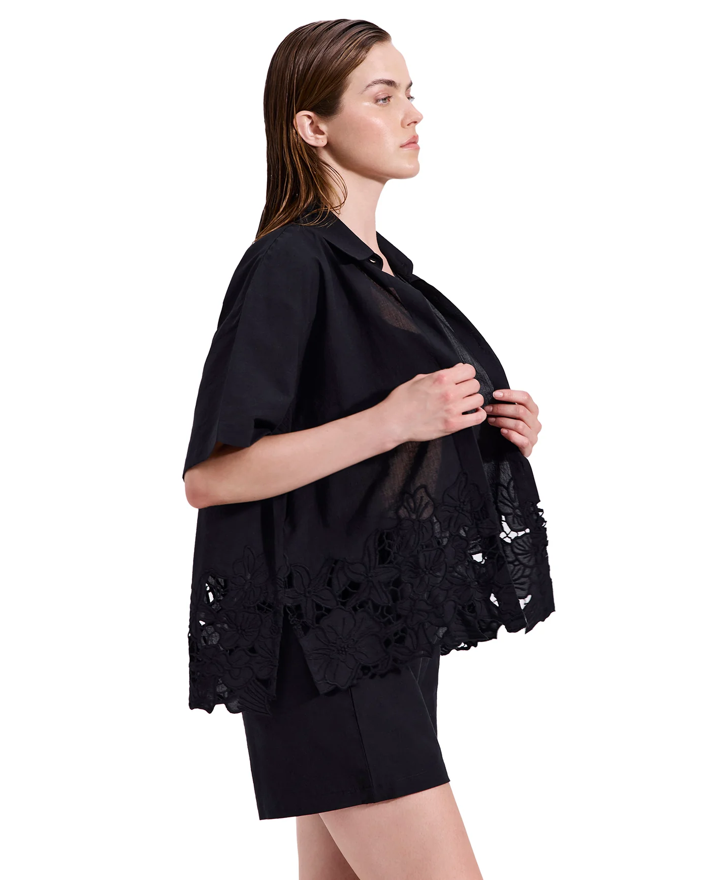 Amalfi Lace Short Sleeve Button Down Shirt Cover-Up-Black - Image 5