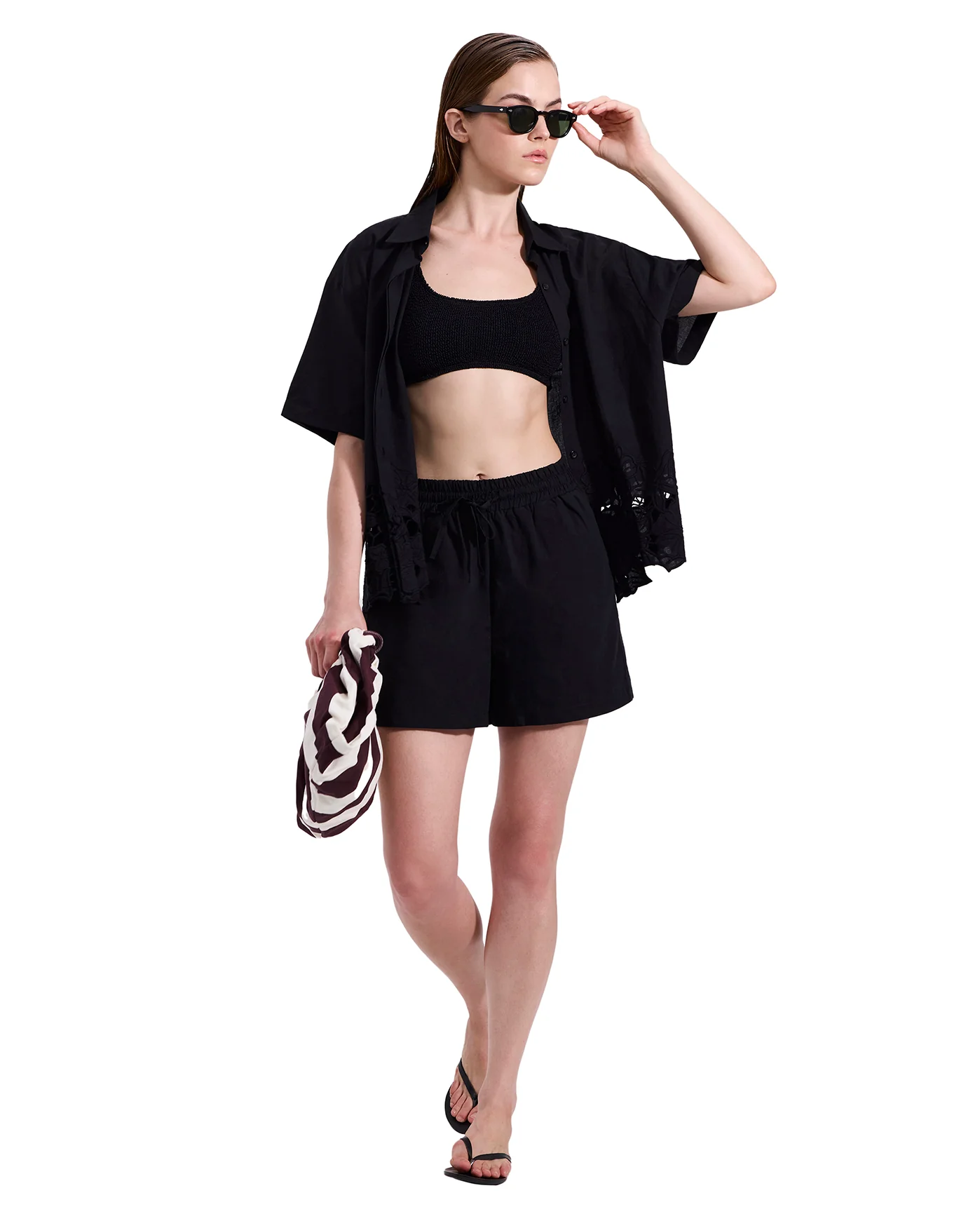 Amalfi Lace Short Sleeve Button Down Shirt Cover-Up-Black - Image 7