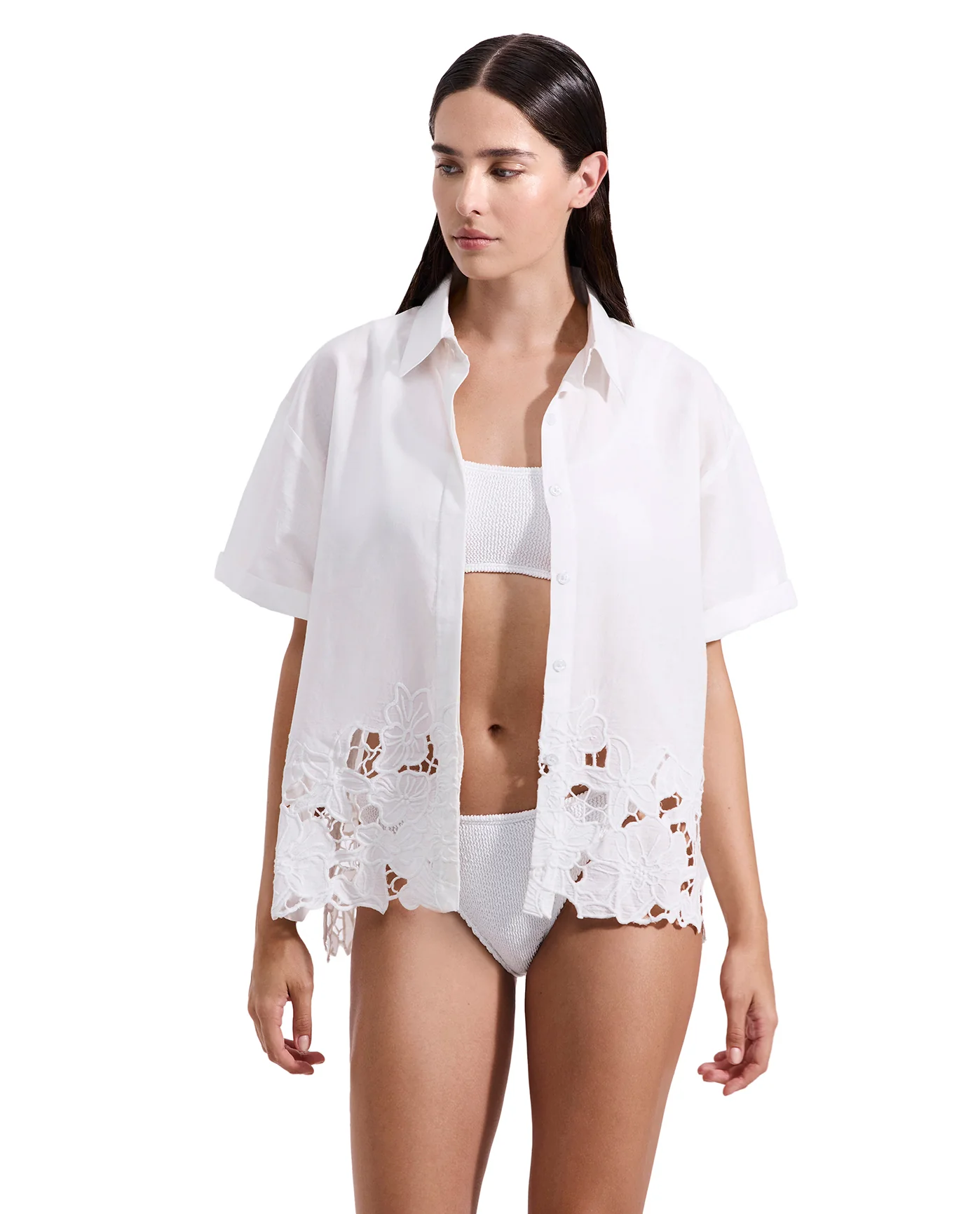 Amalfi Lace Short Sleeve Button Down Shirt Cover-Up-White - Image 3