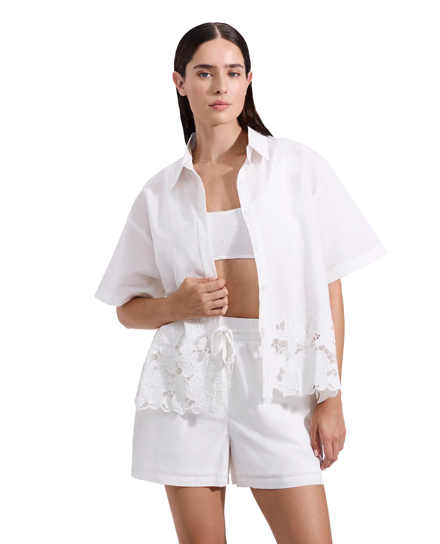 Amalfi Lace Short Sleeve Button Down Shirt Cover-Up-White - Image 5