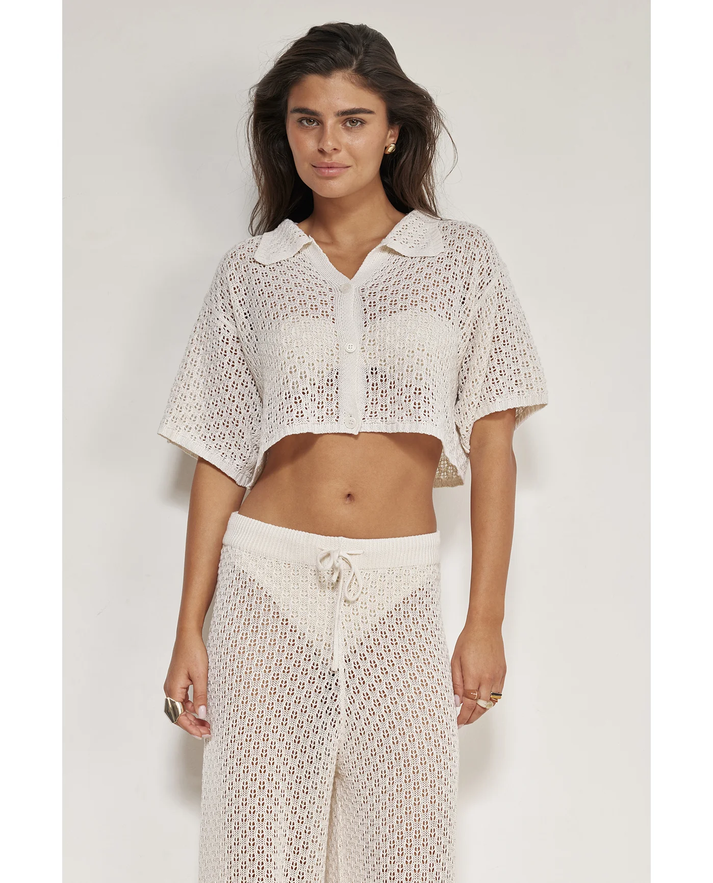 Anna Two Crochet Collared Beach Top-Beige - Image 5