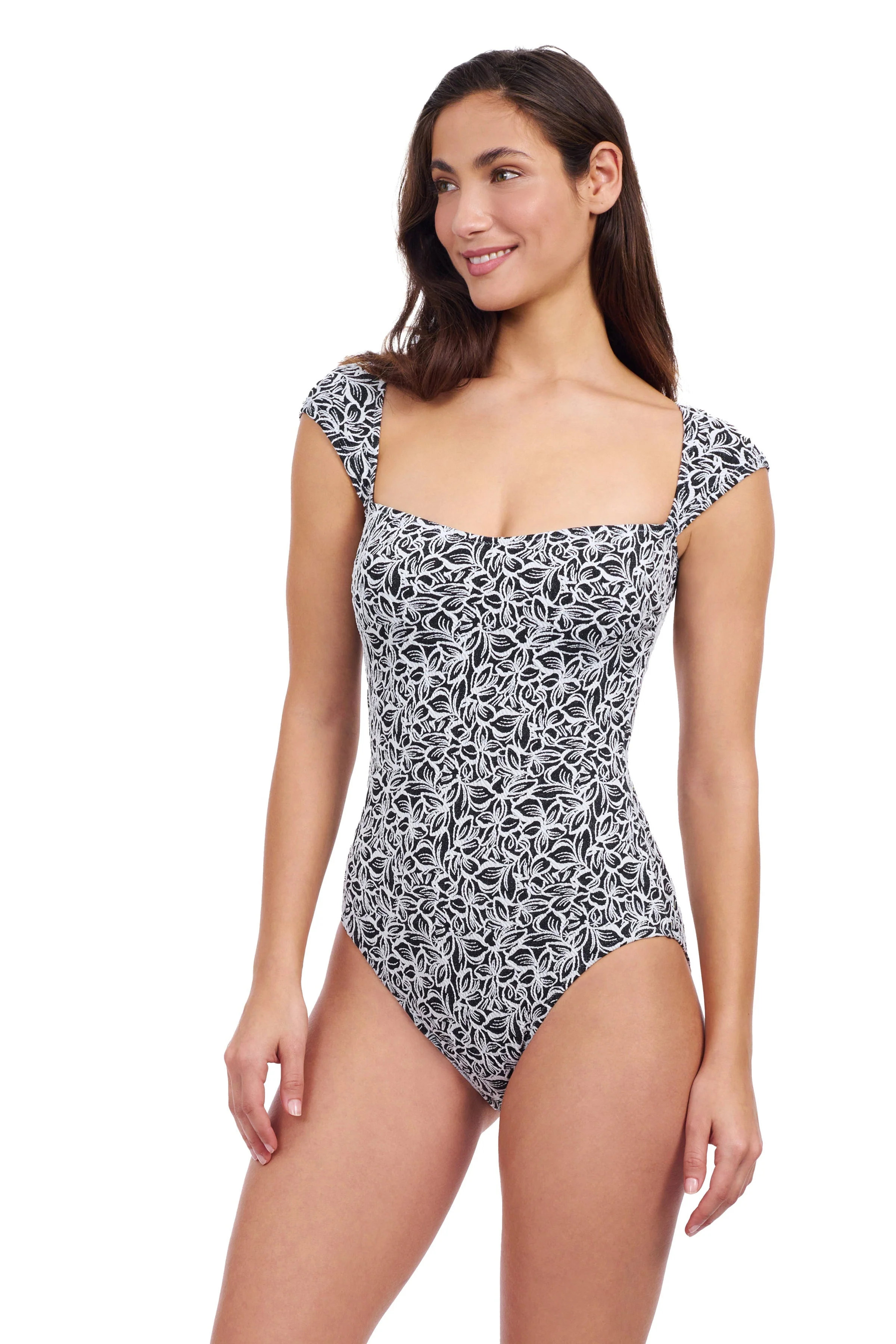 Plumeria Textured Cap Sleeve Shaped Bust One Piece Swimsuit - Image 2