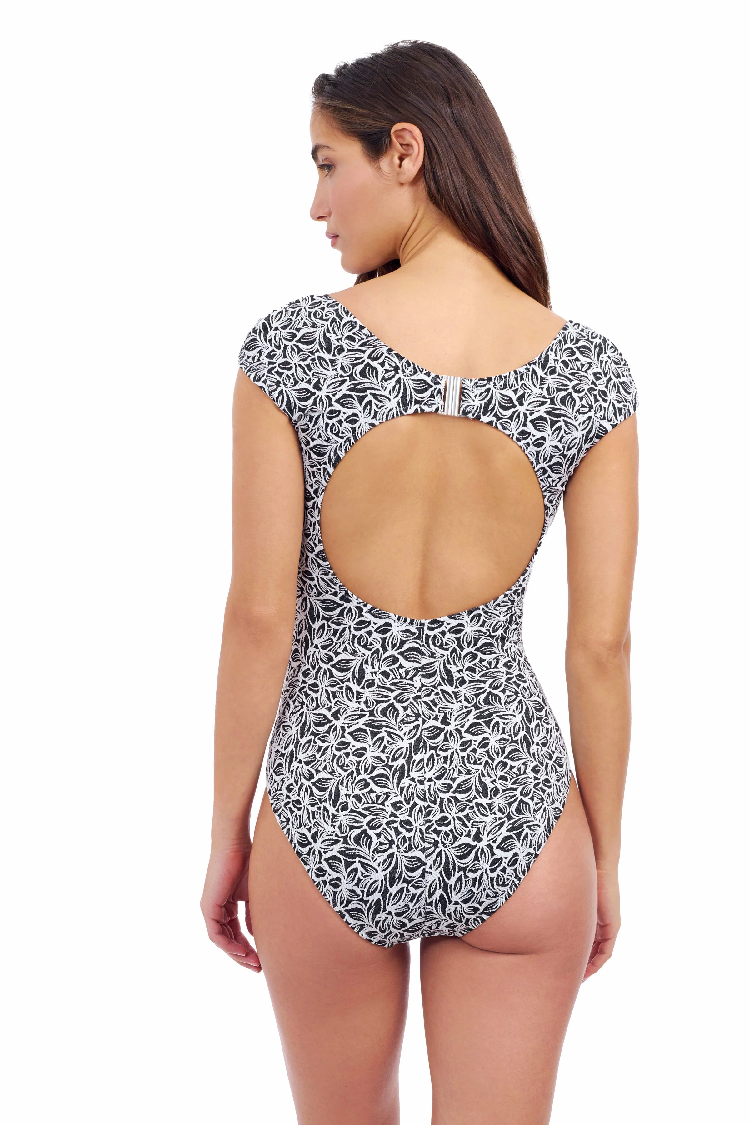 Plumeria Textured Cap Sleeve Shaped Bust One Piece Swimsuit - Image 3