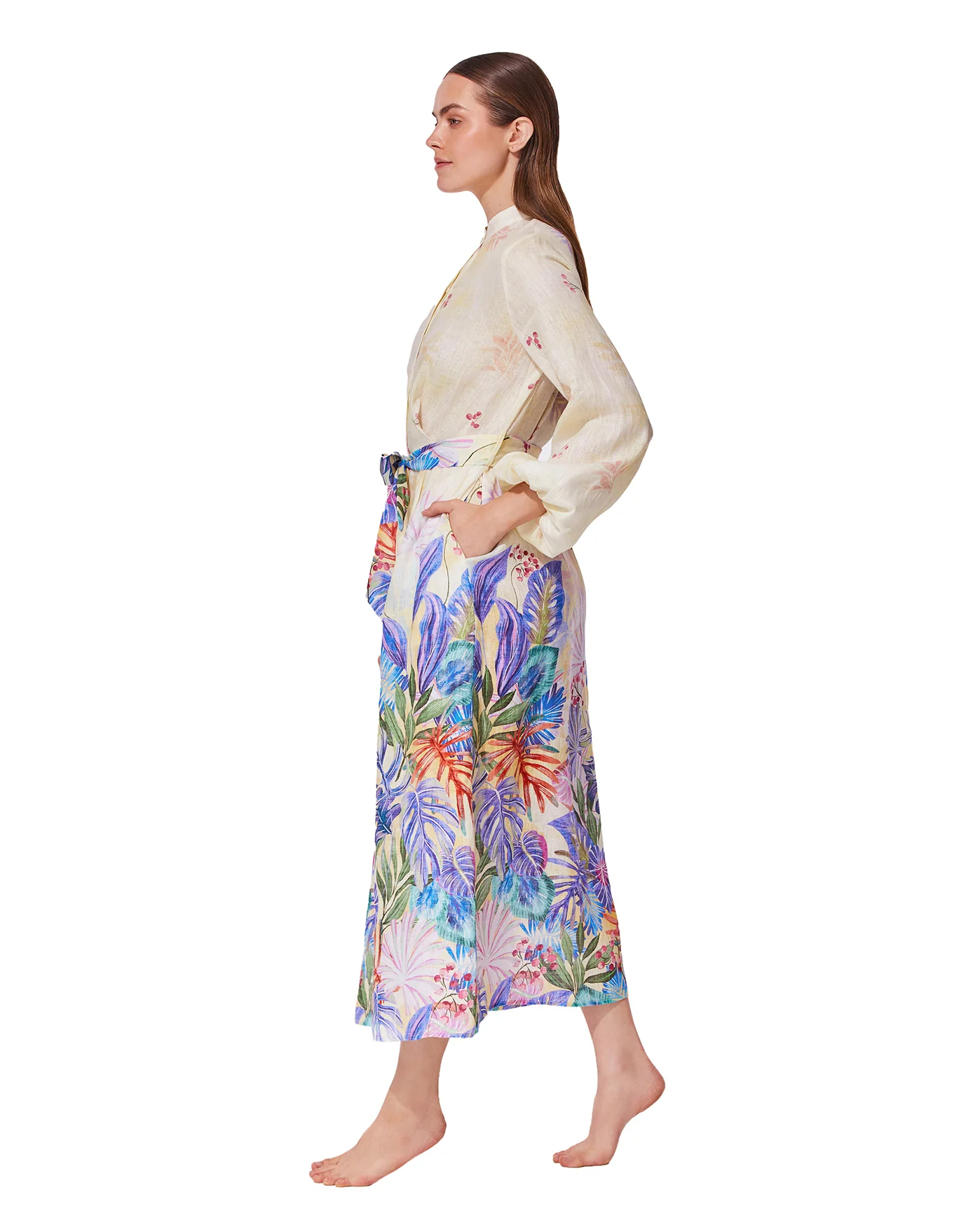 Cherry Blossom Belted Button Up Linen Dress Cover-Up-Multi - Image 3