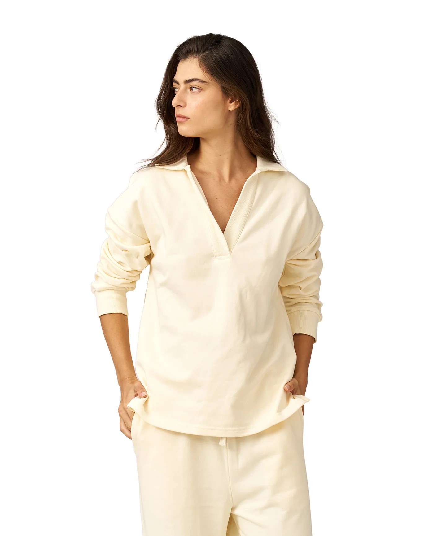 Cozy Coast Airport Collared V Neck Sweatshirt -Cream