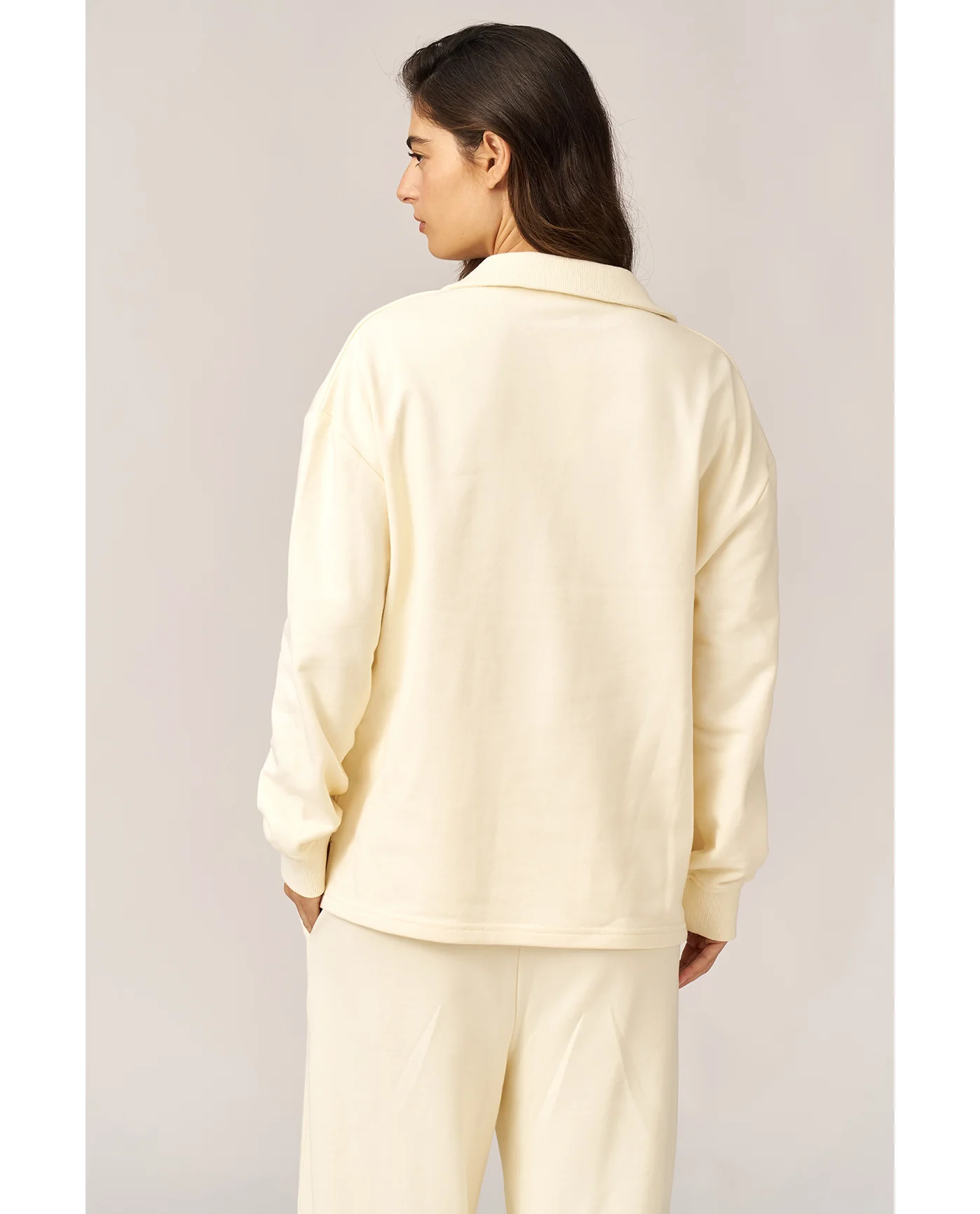 Cozy Coast Airport Collared V Neck Sweatshirt -Cream - Image 2