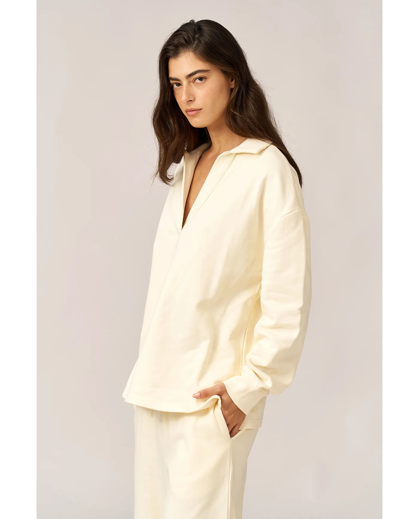 Cozy Coast Airport Collared V Neck Sweatshirt -Cream - Image 3