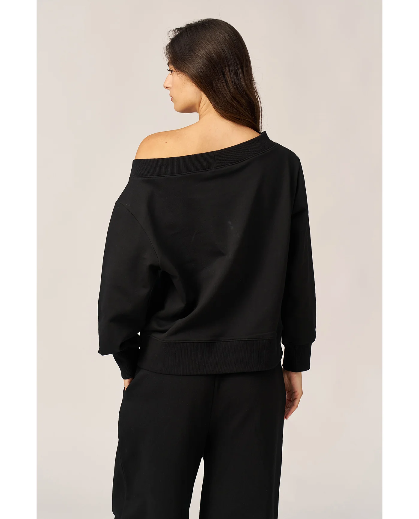 Cozy Coast Airport Off the Shoulder Sweatshirt -Black - Image 2