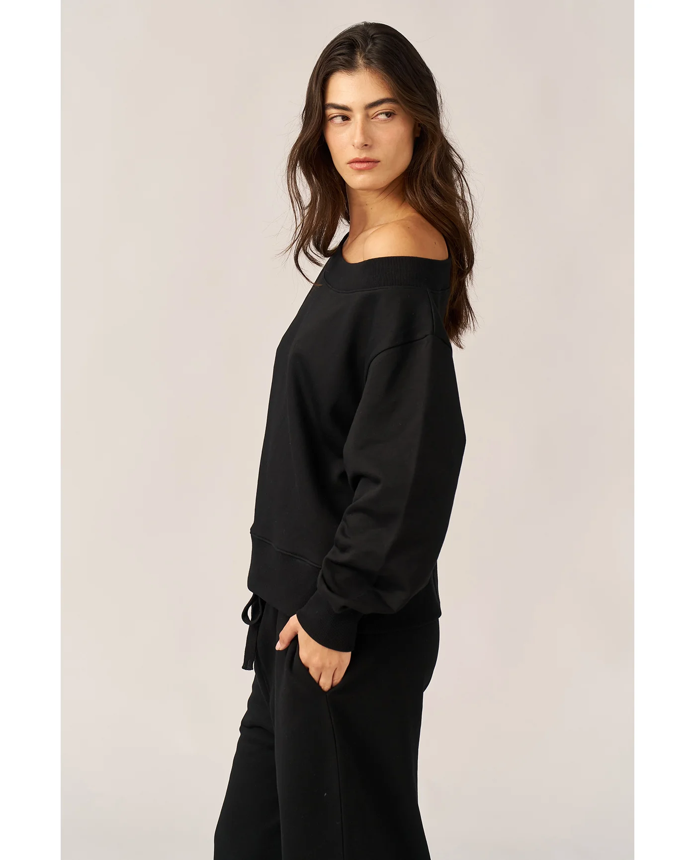 Cozy Coast Airport Off the Shoulder Sweatshirt -Black - Image 3