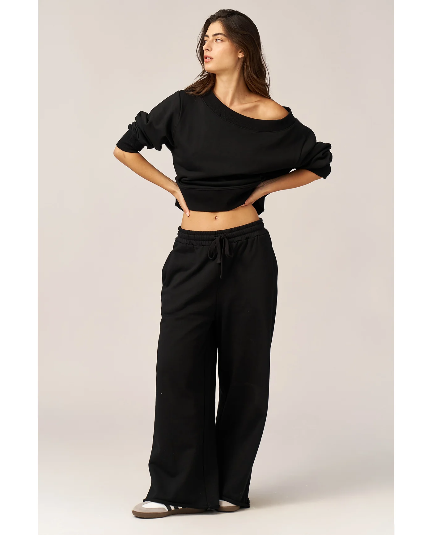 Cozy Coast Airport Off the Shoulder Sweatshirt -Black - Image 4