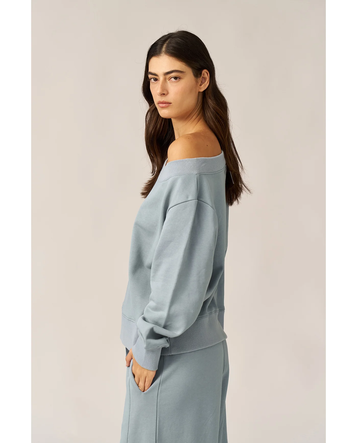 Cozy Coast Airport Off the Shoulder Sweatshirt -Light blue - Image 3