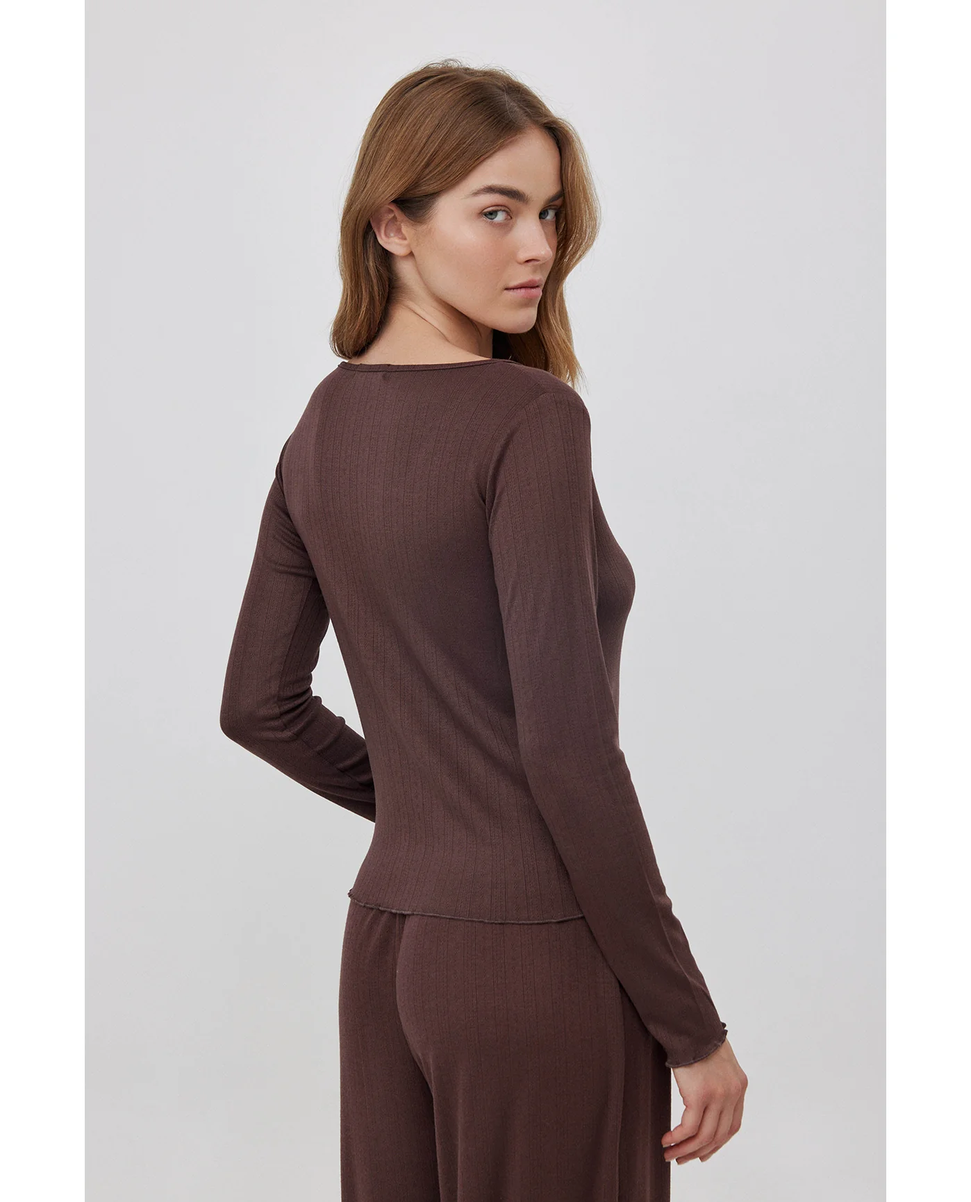 Daydream Pointelle Buttoned Loungewear Top -Brown - Image 2