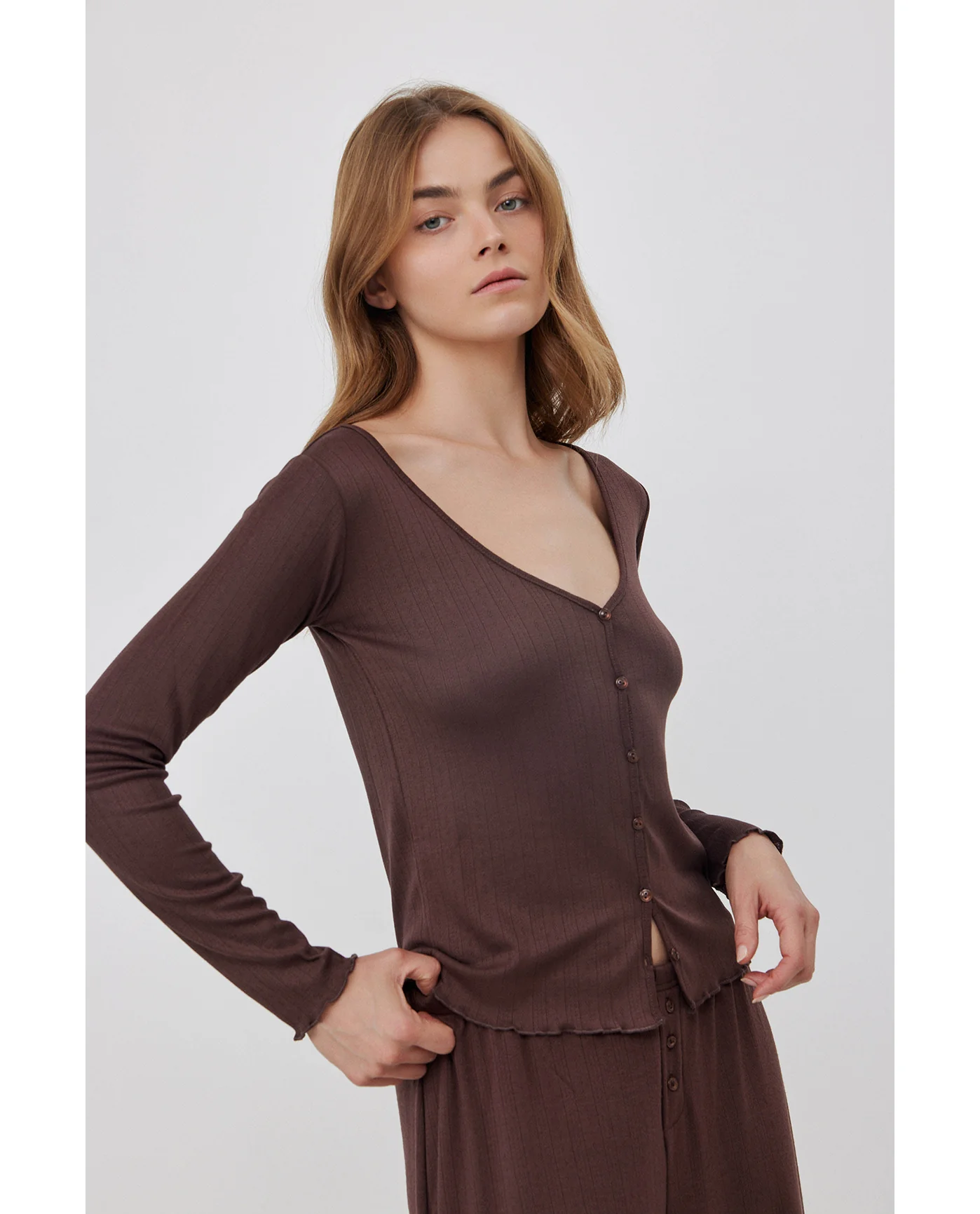 Daydream Pointelle Buttoned Loungewear Top -Brown - Image 3