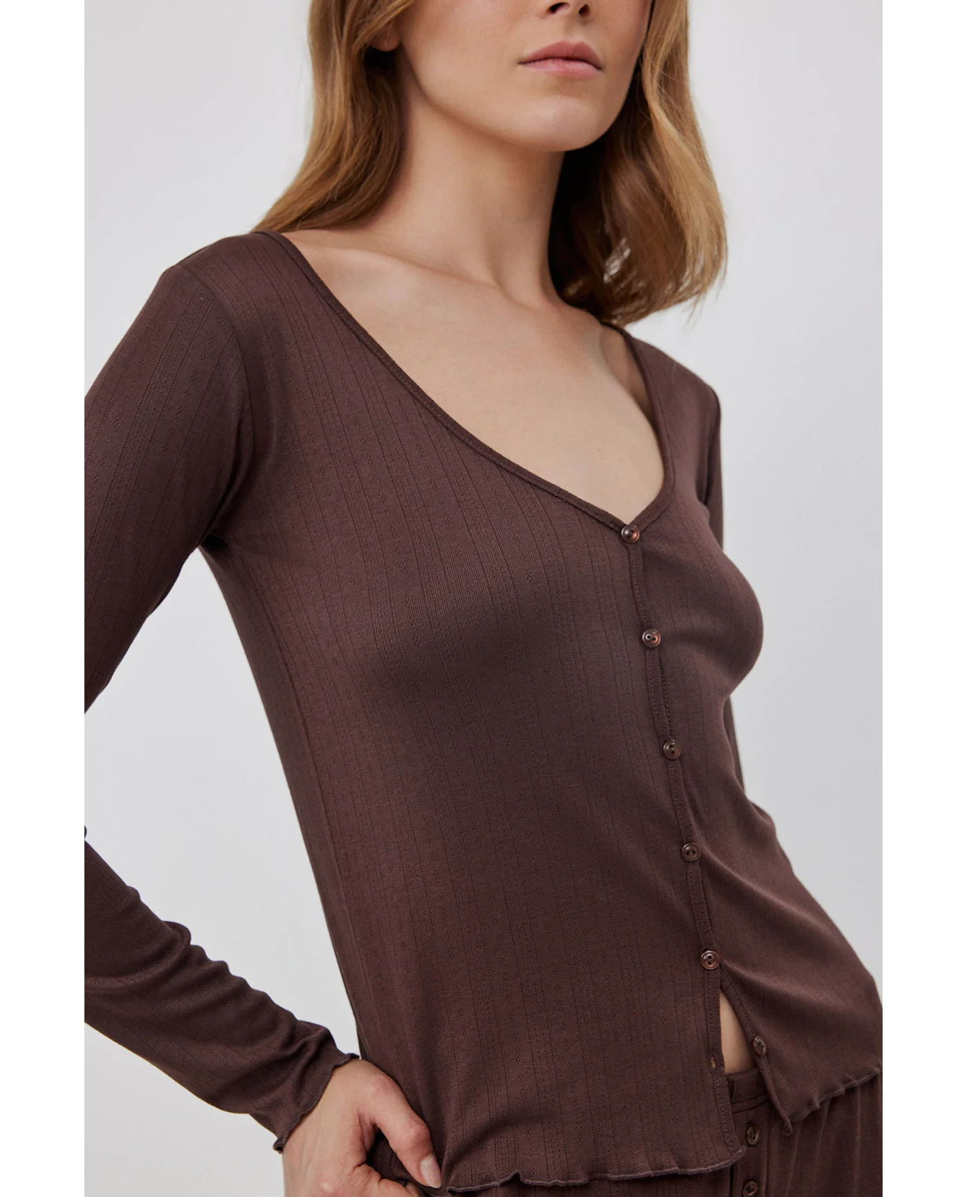 Daydream Pointelle Buttoned Loungewear Top -Brown - Image 4