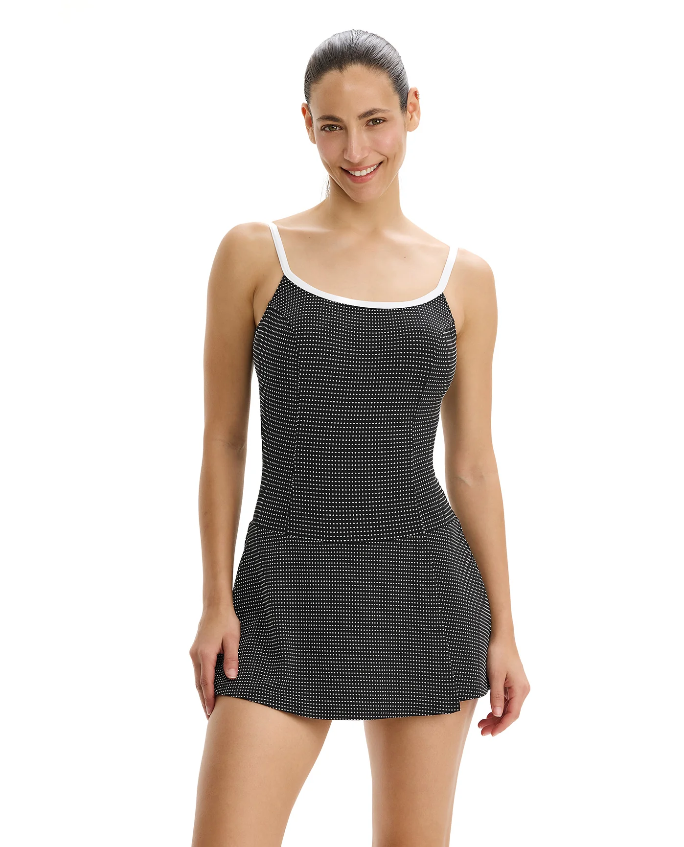 Dottie Delight Square Neck Swimdress -Black-White