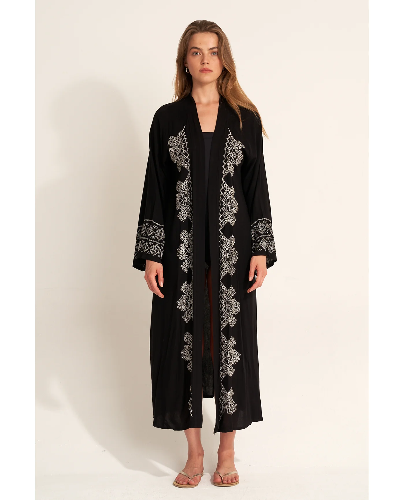 Embroidered Robe Cover-Up - Black