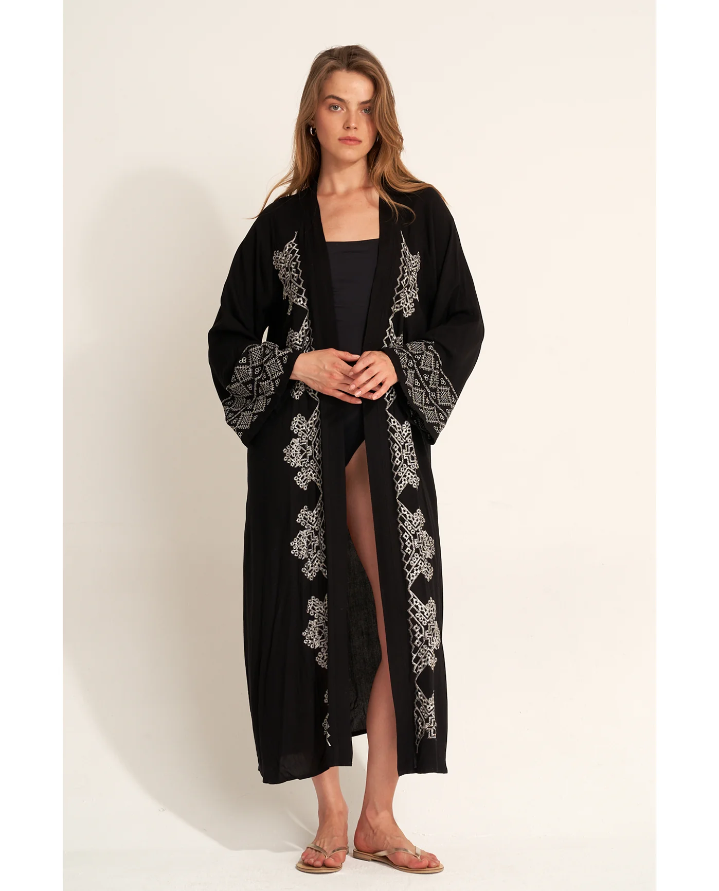 Embroidered Robe Cover-Up - Black - Image 3