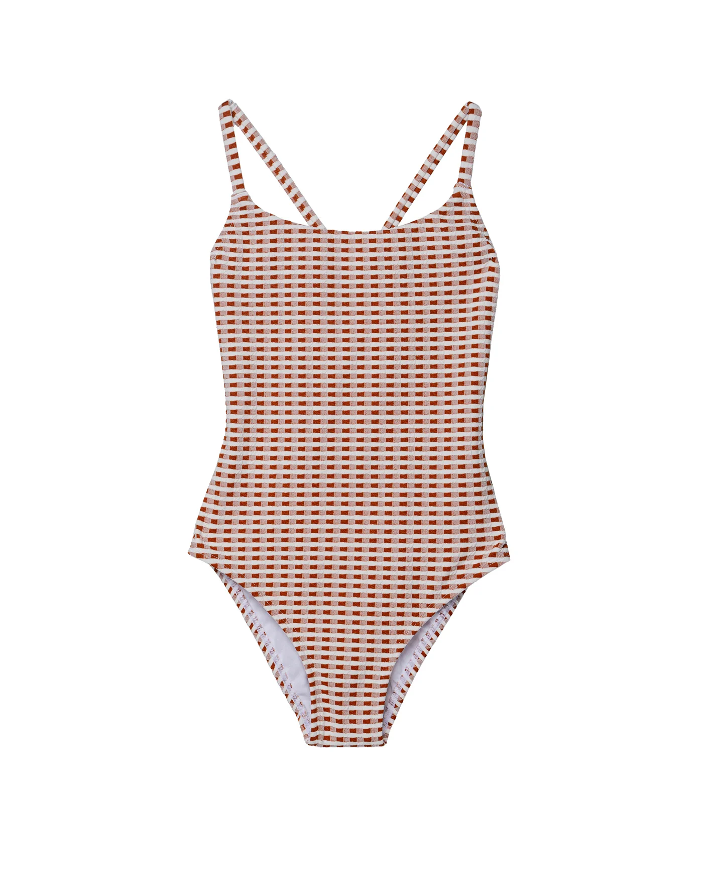 Forever Gingham Textured Criss Cross Back Adjustable One Piece-Brown