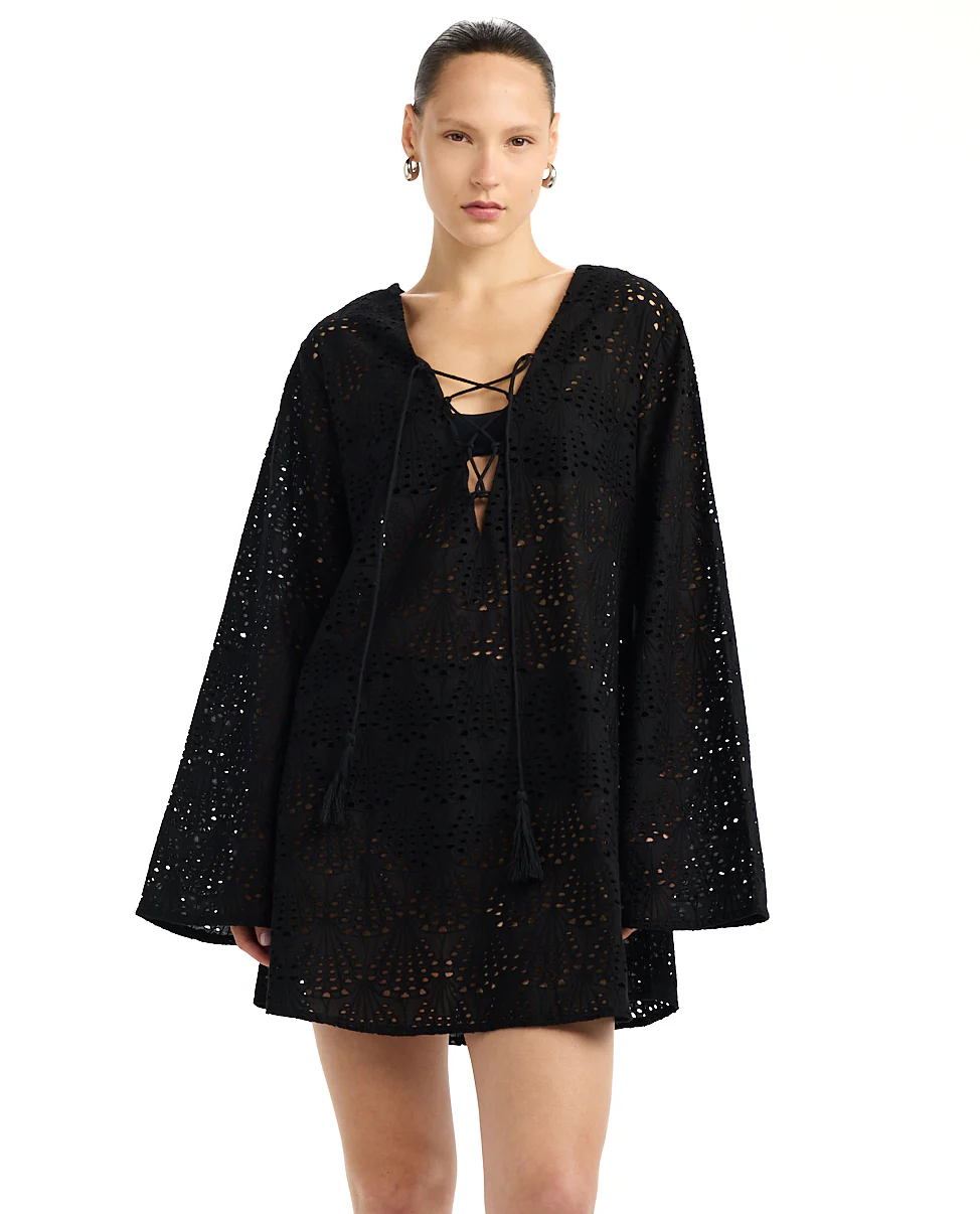 Giselle Guipure Lace Mini Dress Cover-Up -Black