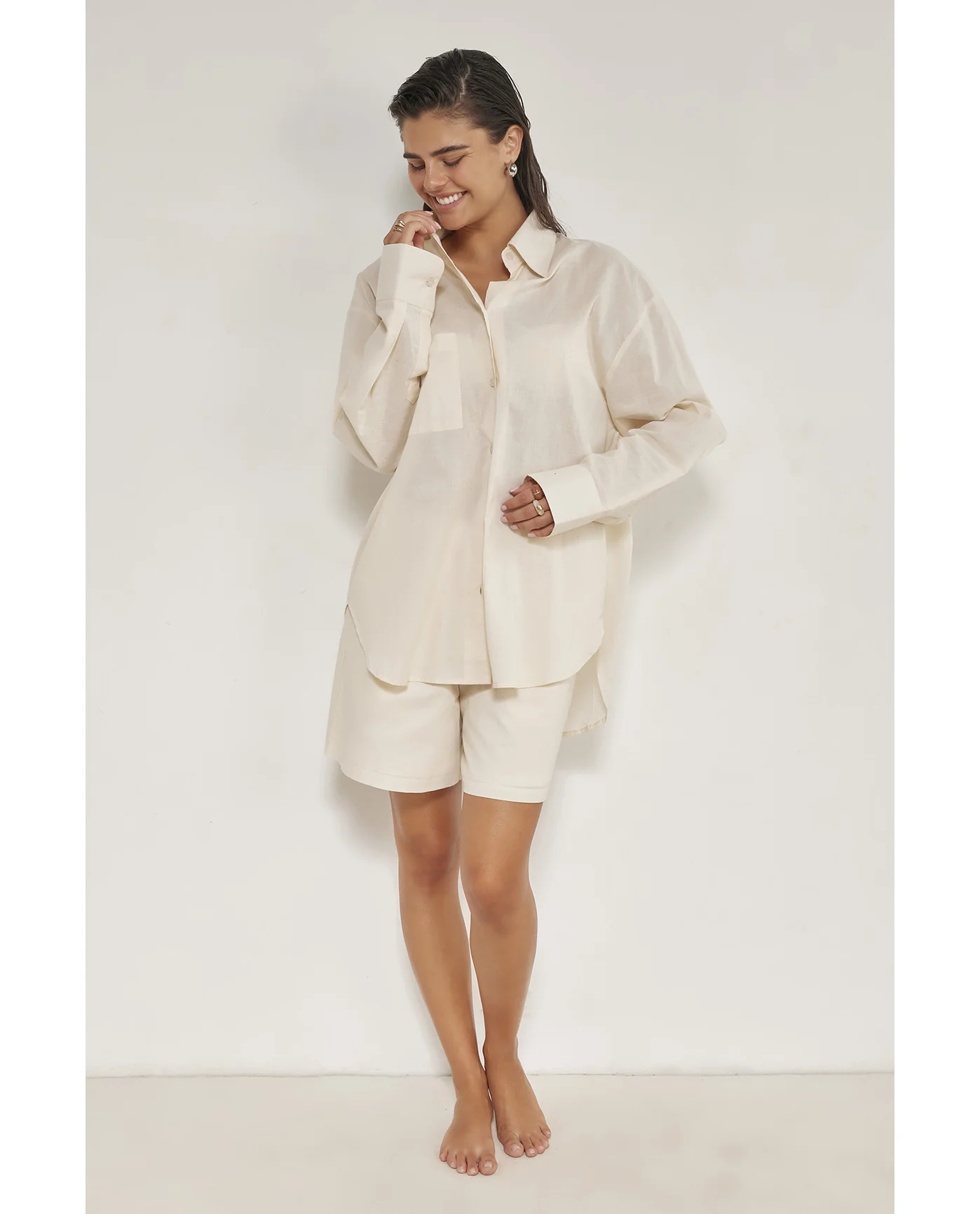Harper Oversized Button Down Top -Beige - Image 3