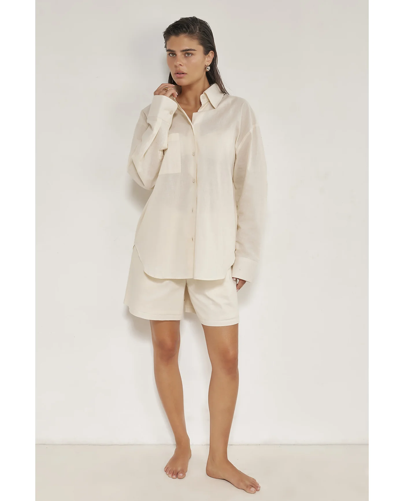 Harper Oversized Button Down Top -Beige - Image 4