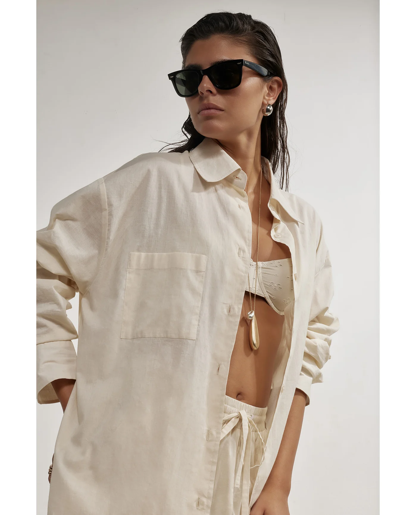 Harper Oversized Button Down Top -Beige - Image 5