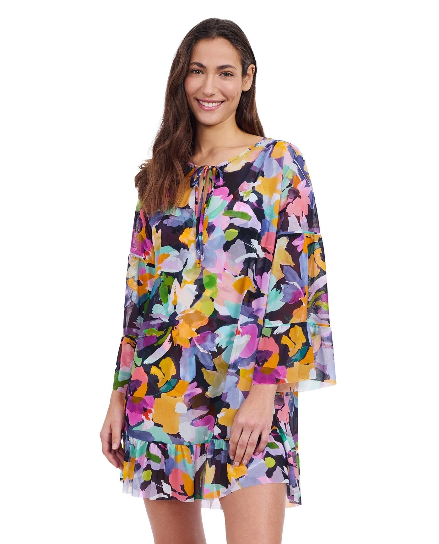 Holi V-Neck Mesh Flounce Tunic Cover Up