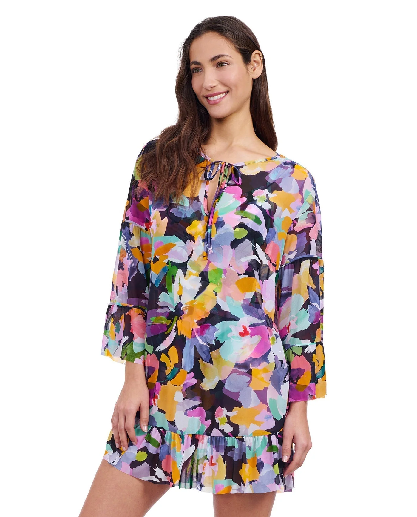 Holi V-Neck Mesh Flounce Tunic Cover Up - Image 2