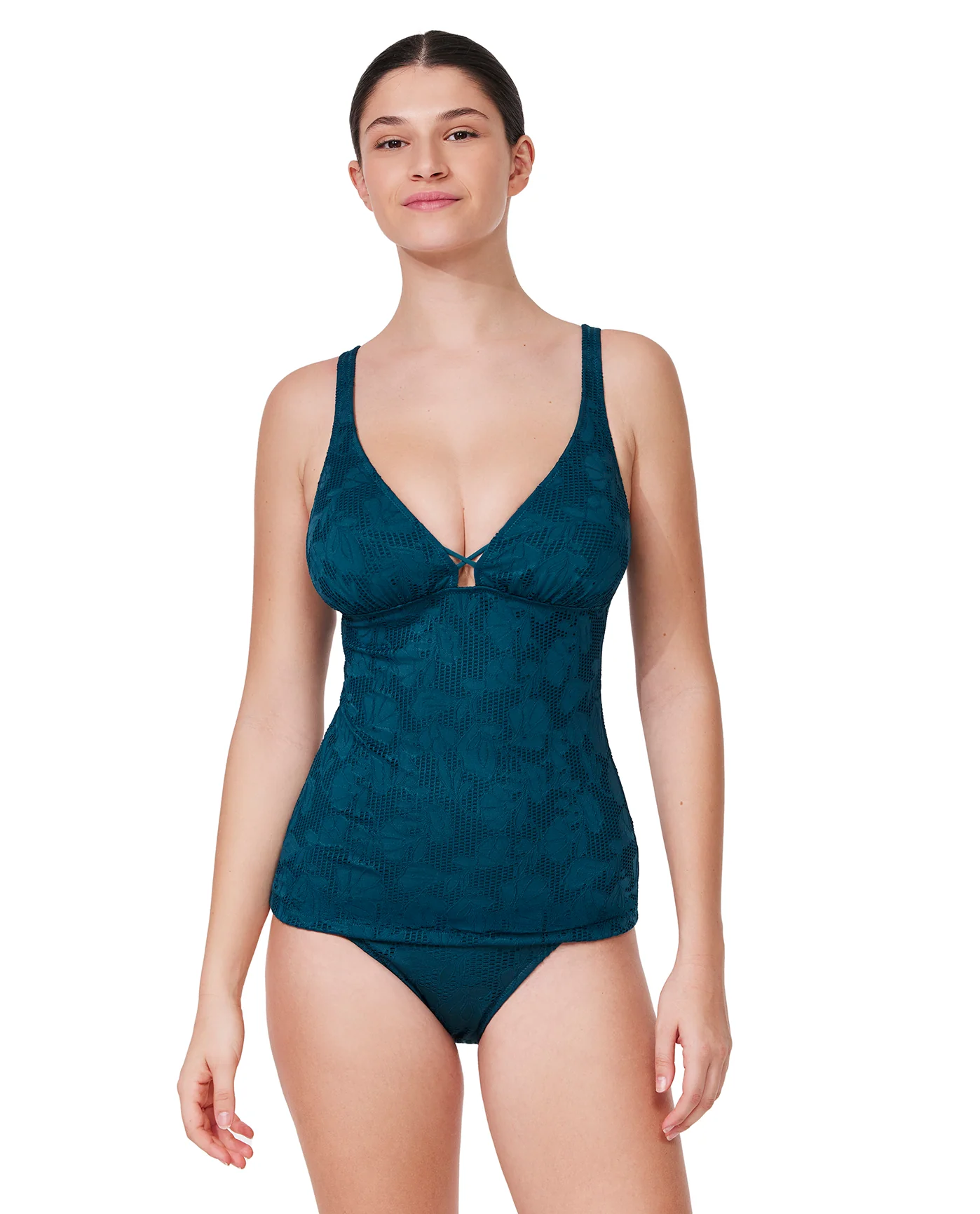 Jolene Textured D-Cup V Neck Tankini Top-Petrol - Image 2
