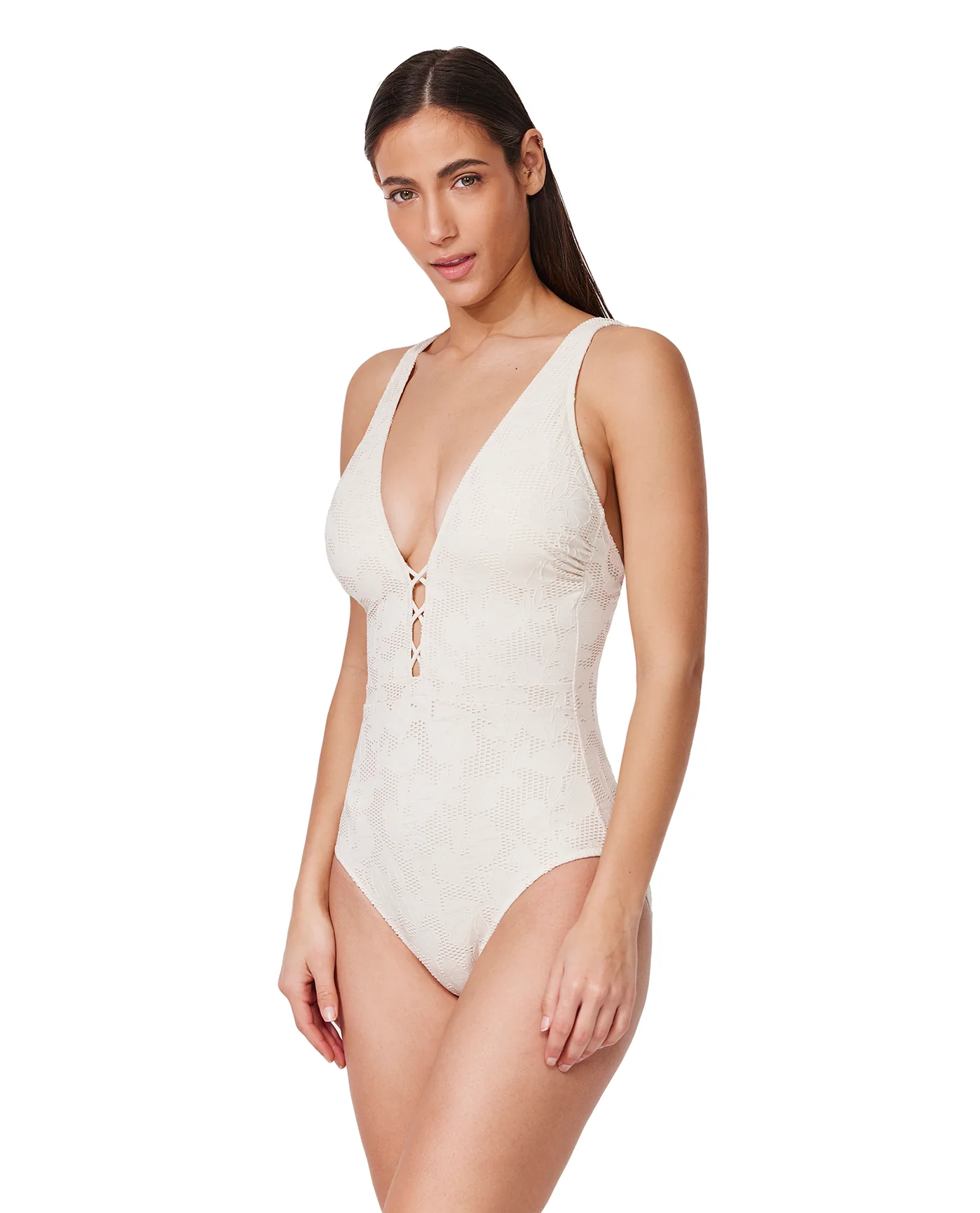 Jolene Textured Deep V Neck One Piece -Cream - Image 5