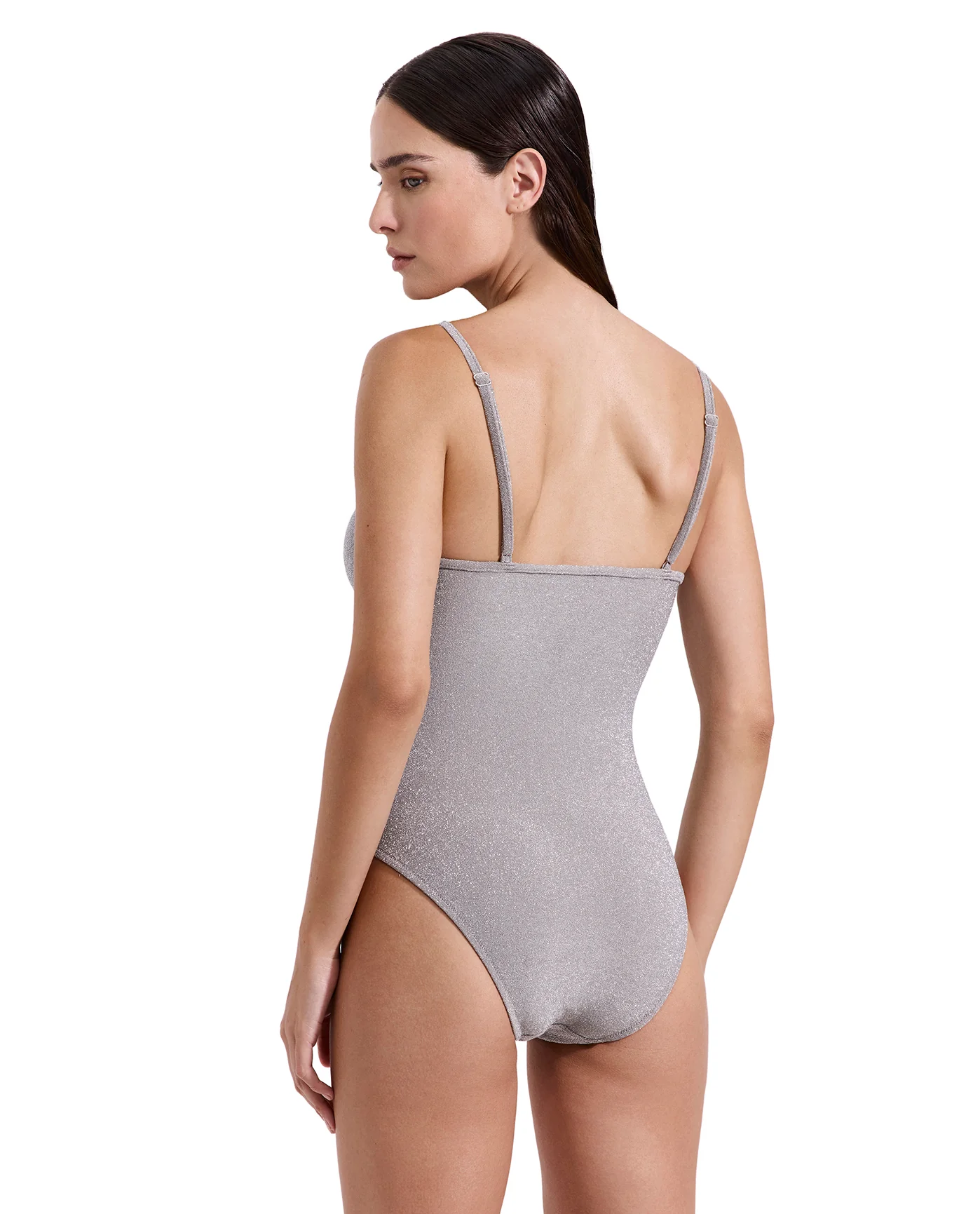 Luna Textured Shimmer Deep Plunge V Wire One Piece-Silv bro - Image 2