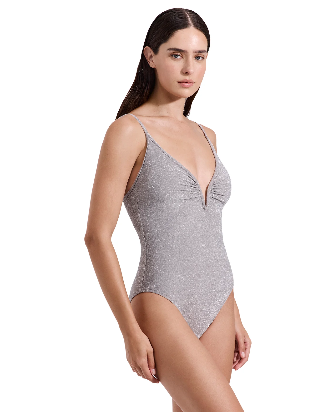 Luna Textured Shimmer Deep Plunge V Wire One Piece-Silv bro - Image 3