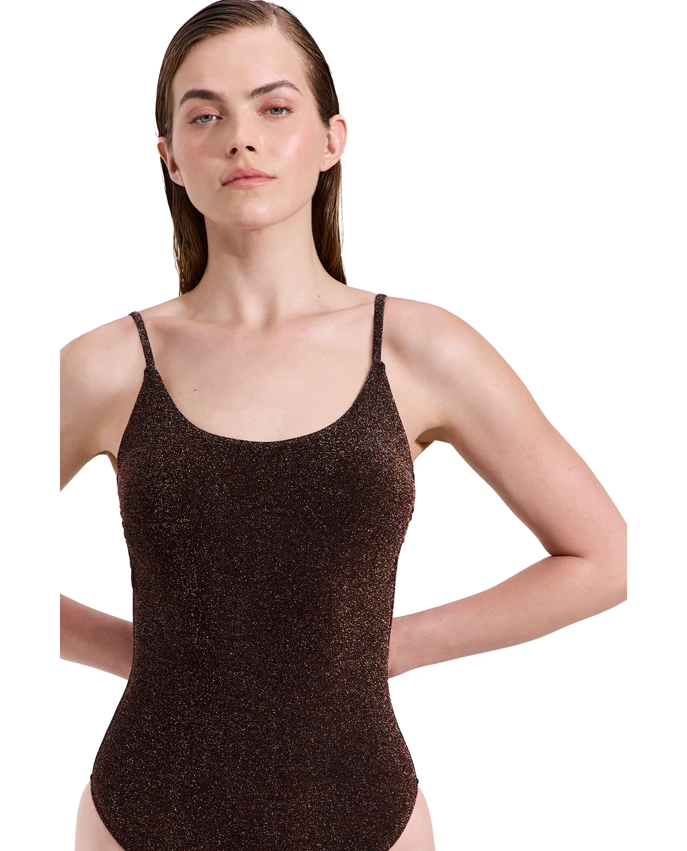 Luna Textured Shimmer Scoop Neck One Piece-Brown - Image 4