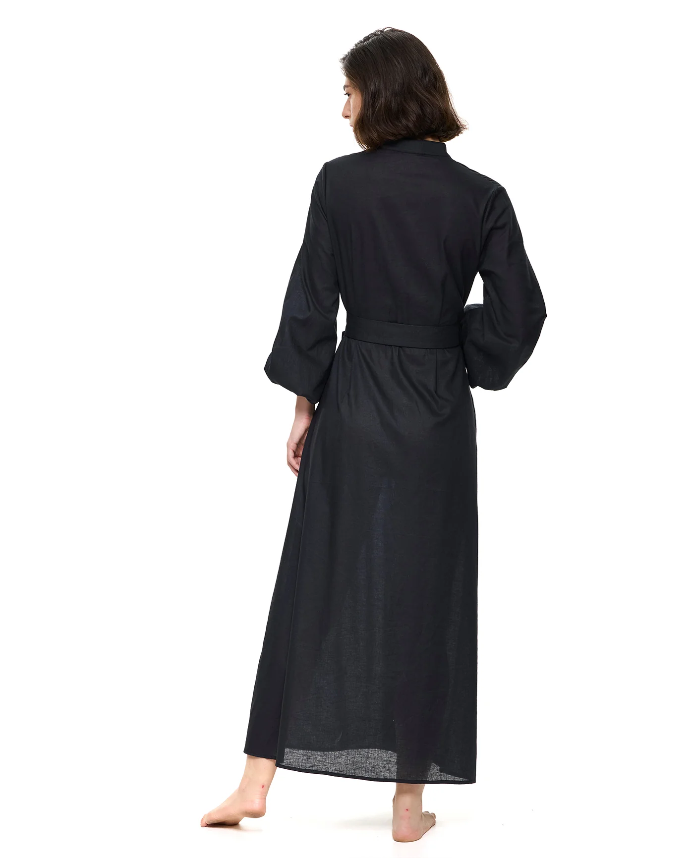 Modern Muse Belted Button Up Linen Dress Cover-Up-Black - Image 2
