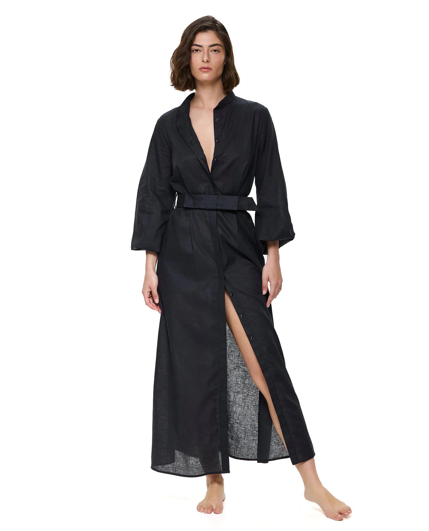 Modern Muse Belted Button Up Linen Dress Cover-Up-Black - Image 4