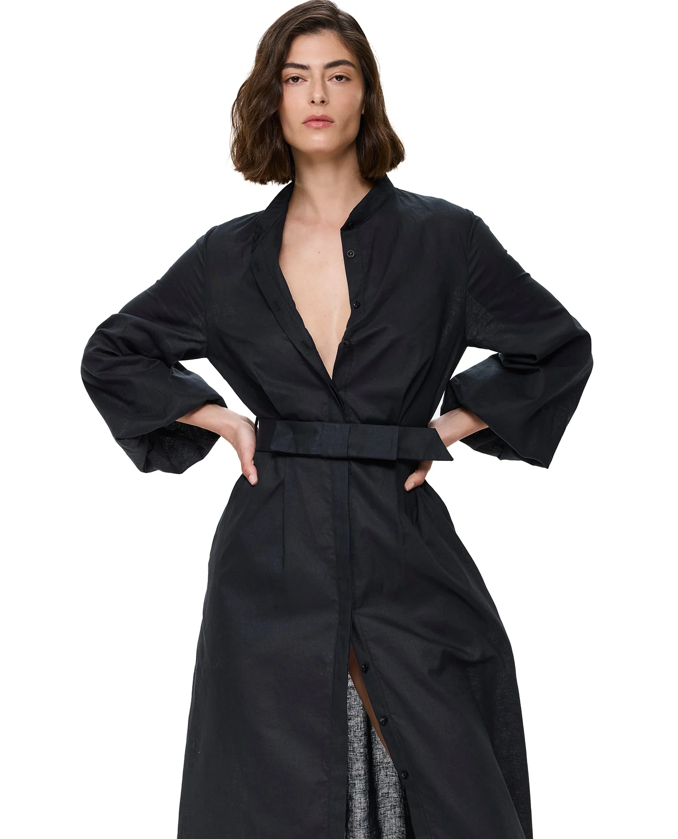 Modern Muse Belted Button Up Linen Dress Cover-Up-Black - Image 5