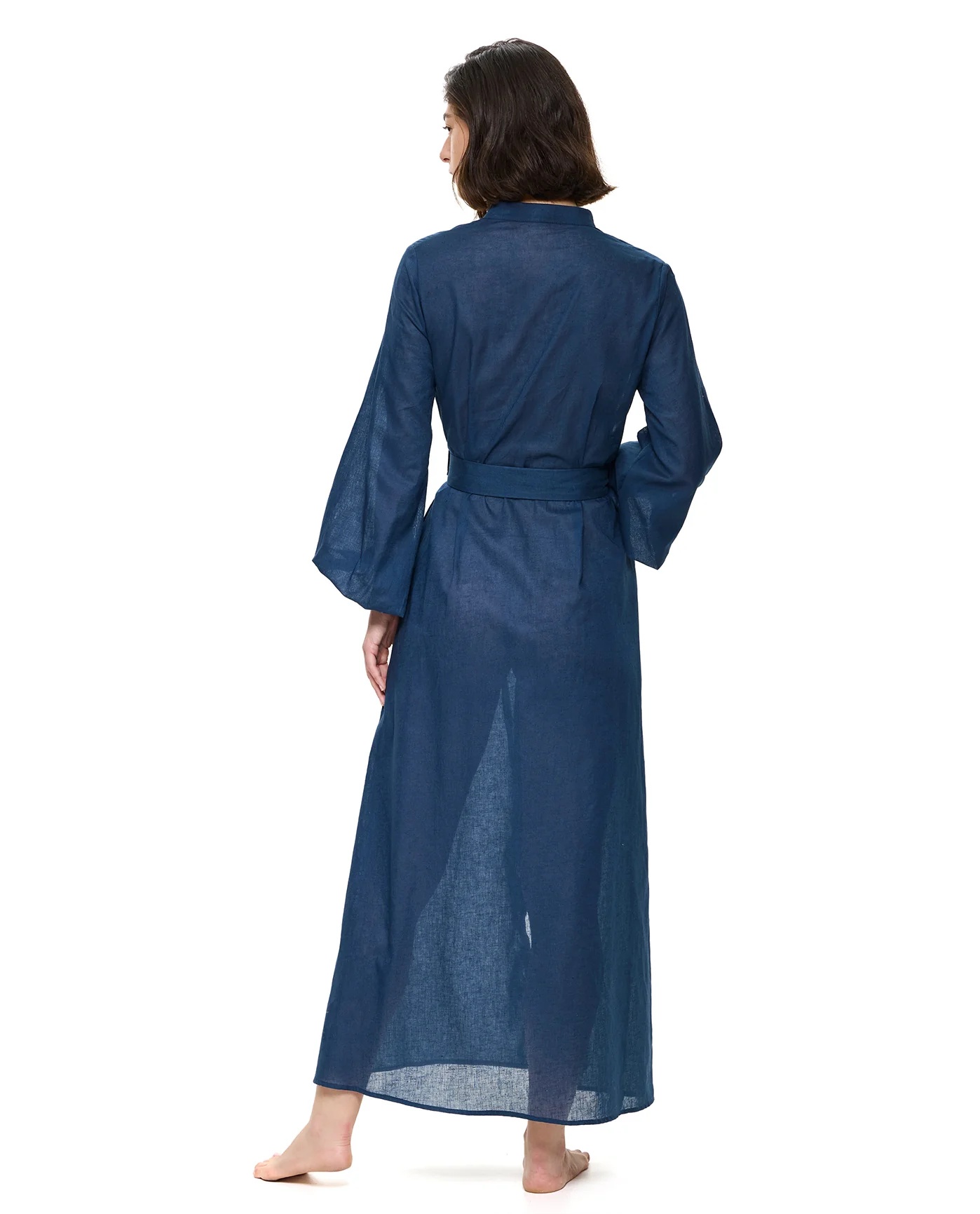 Modern Muse Belted Button Up Linen Dress Cover-Up -Dark Azure - Image 2