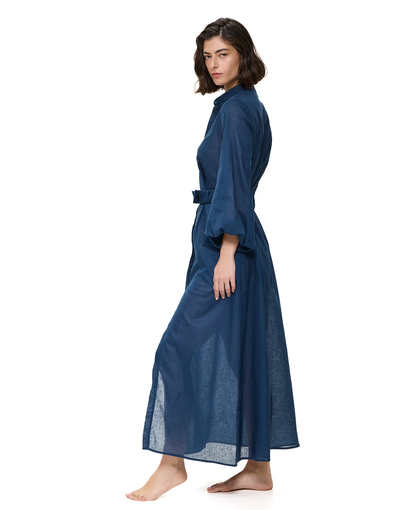 Modern Muse Belted Button Up Linen Dress Cover-Up -Dark Azure - Image 3