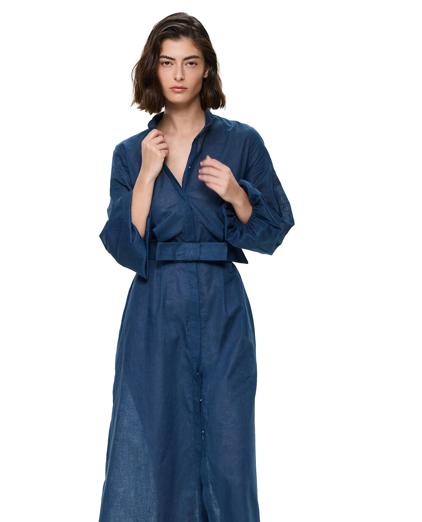 Modern Muse Belted Button Up Linen Dress Cover-Up -Dark Azure - Image 4