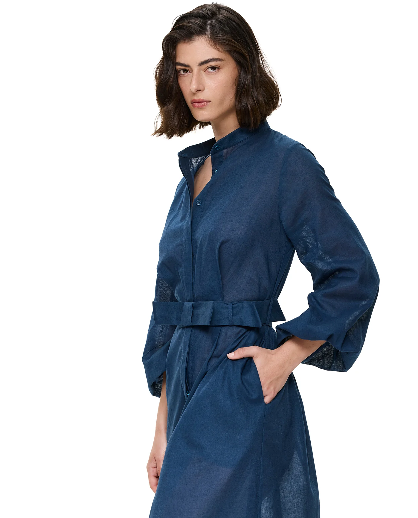 Modern Muse Belted Button Up Linen Dress Cover-Up -Dark Azure - Image 5