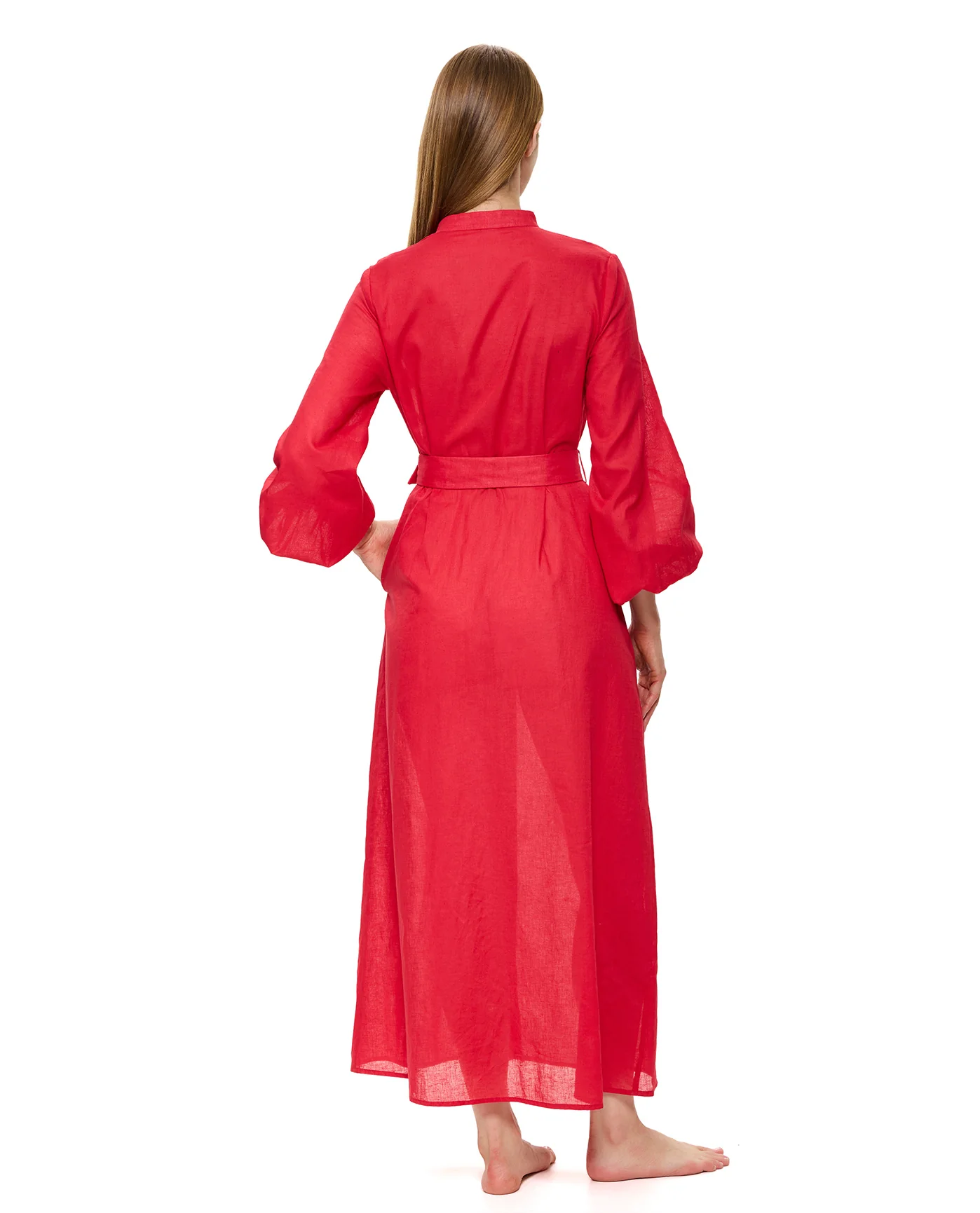 Modern Muse Belted Button Up Linen Dress Cover-Up -Red - Image 2