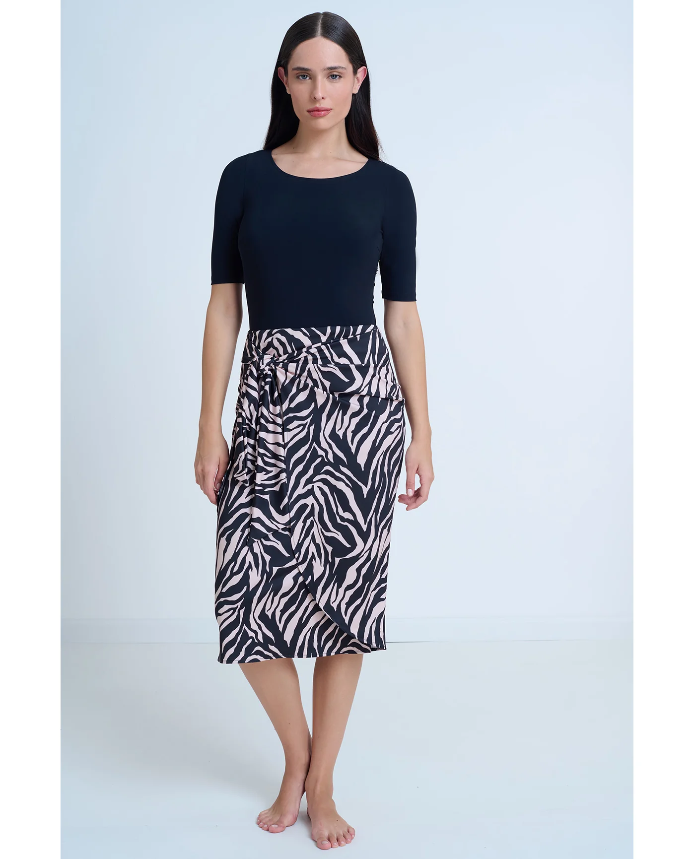 Modest Faux Wrap Skirt with Tie-Blk/brwn - Image 2