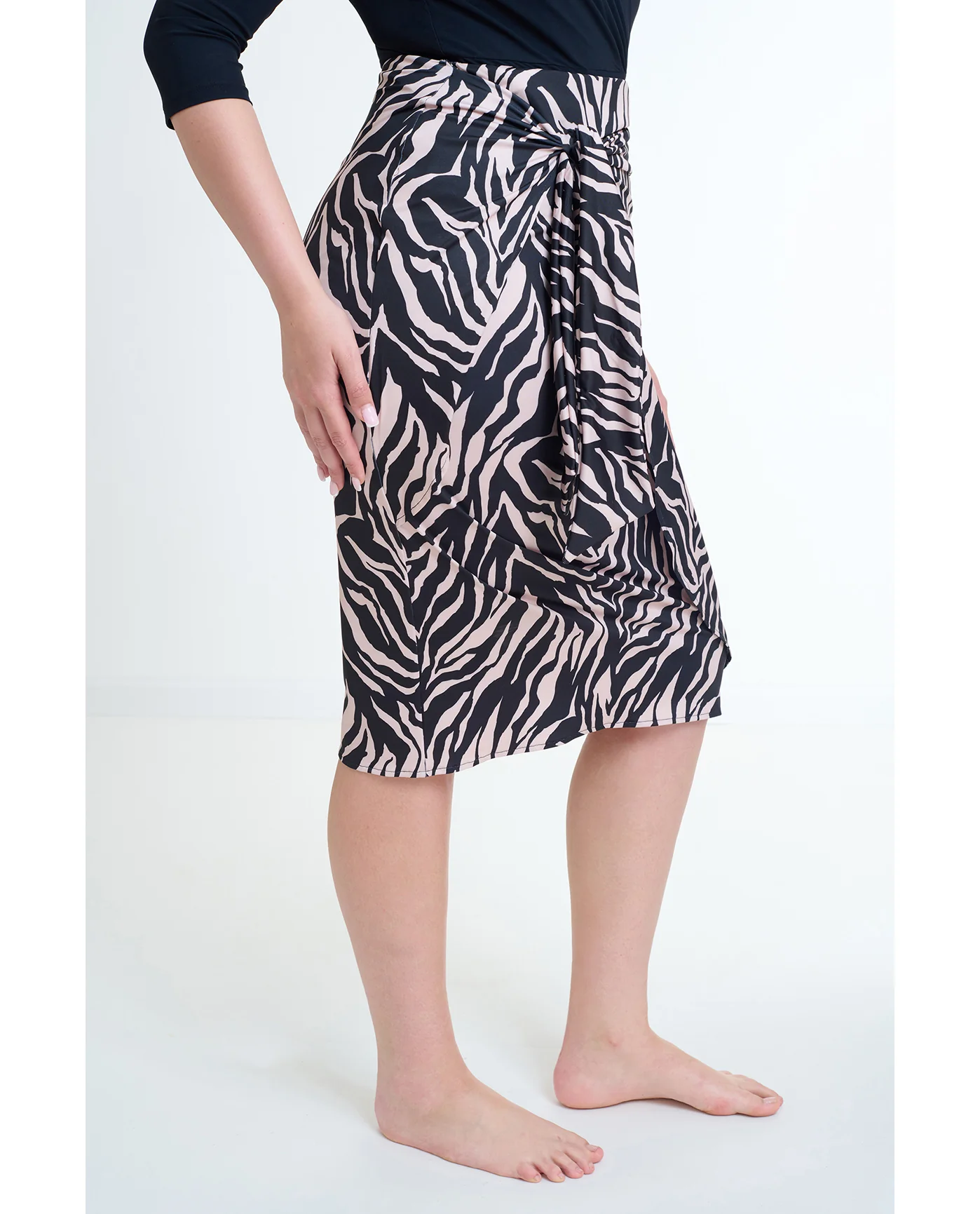 Modest Faux Wrap Skirt with Tie-Blk/brwn - Image 5