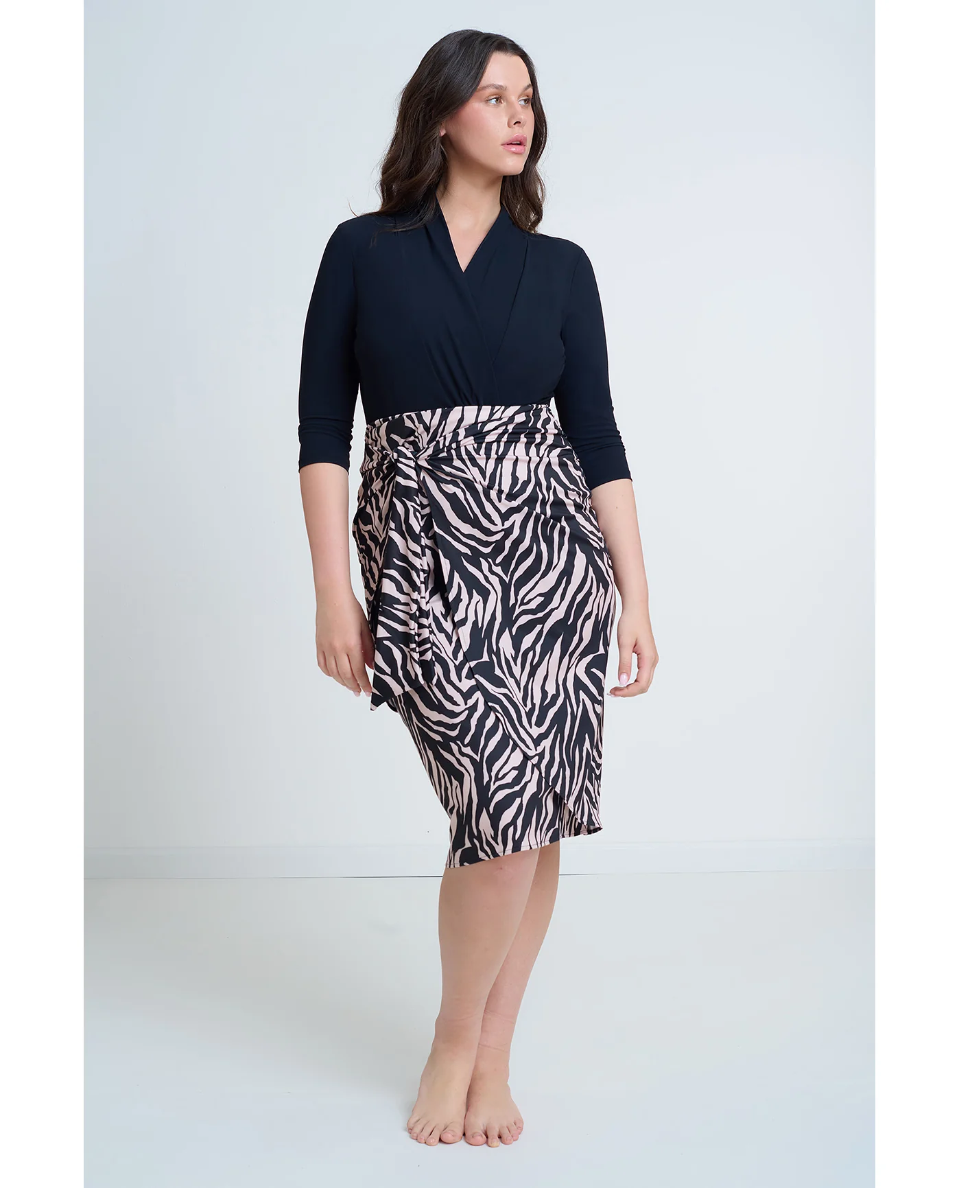 Modest Faux Wrap Skirt with Tie-Blk/brwn - Image 6