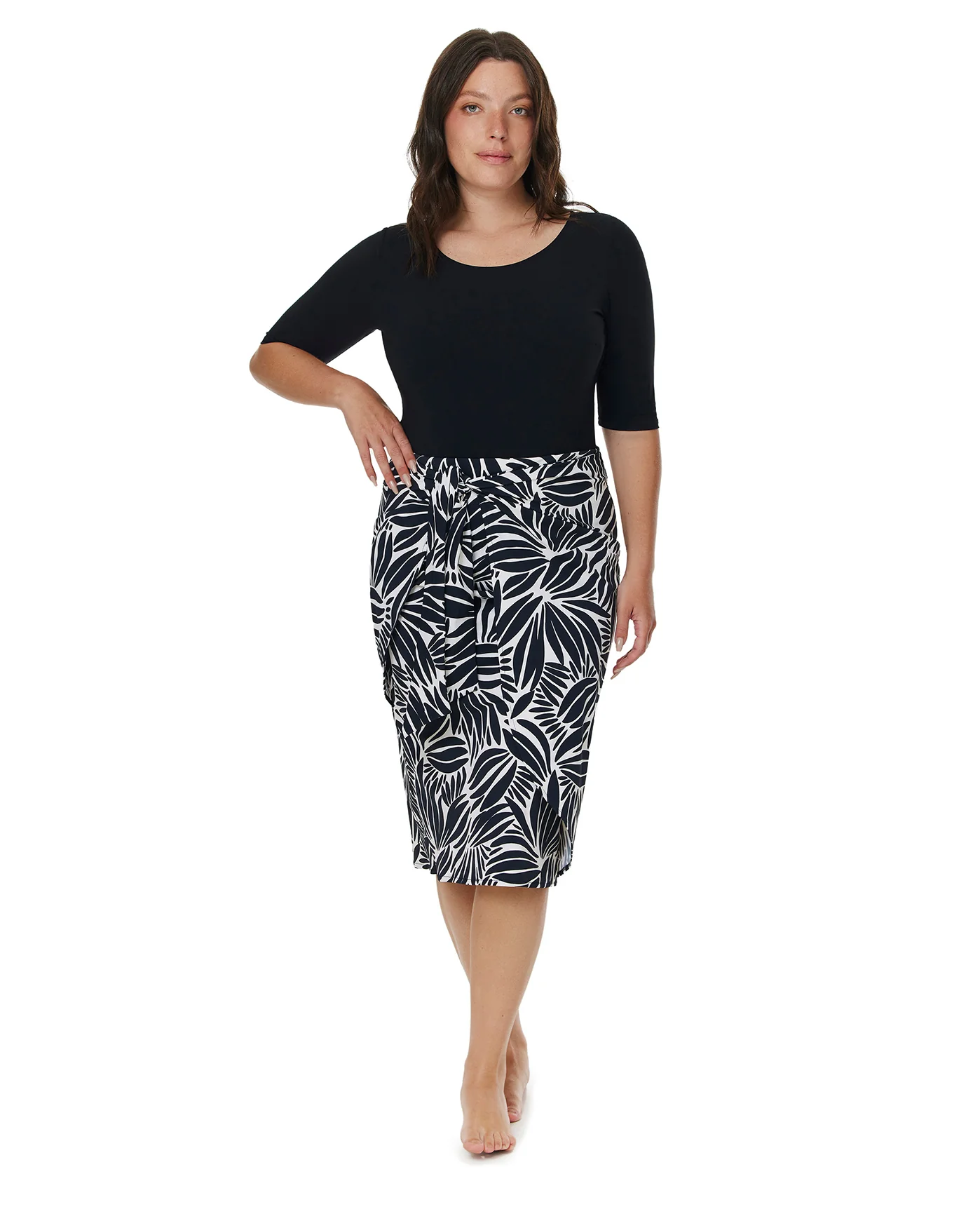 Modest Faux Wrap Skirt with Tie-Blk/wh - Image 4