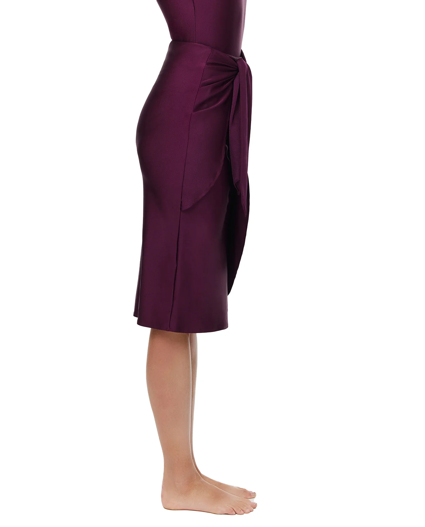 Modest Faux Wrap Skirt with Tie-Burgundy - Image 4