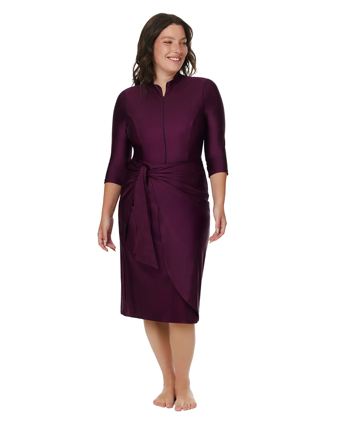 Modest Faux Wrap Skirt with Tie-Burgundy - Image 6