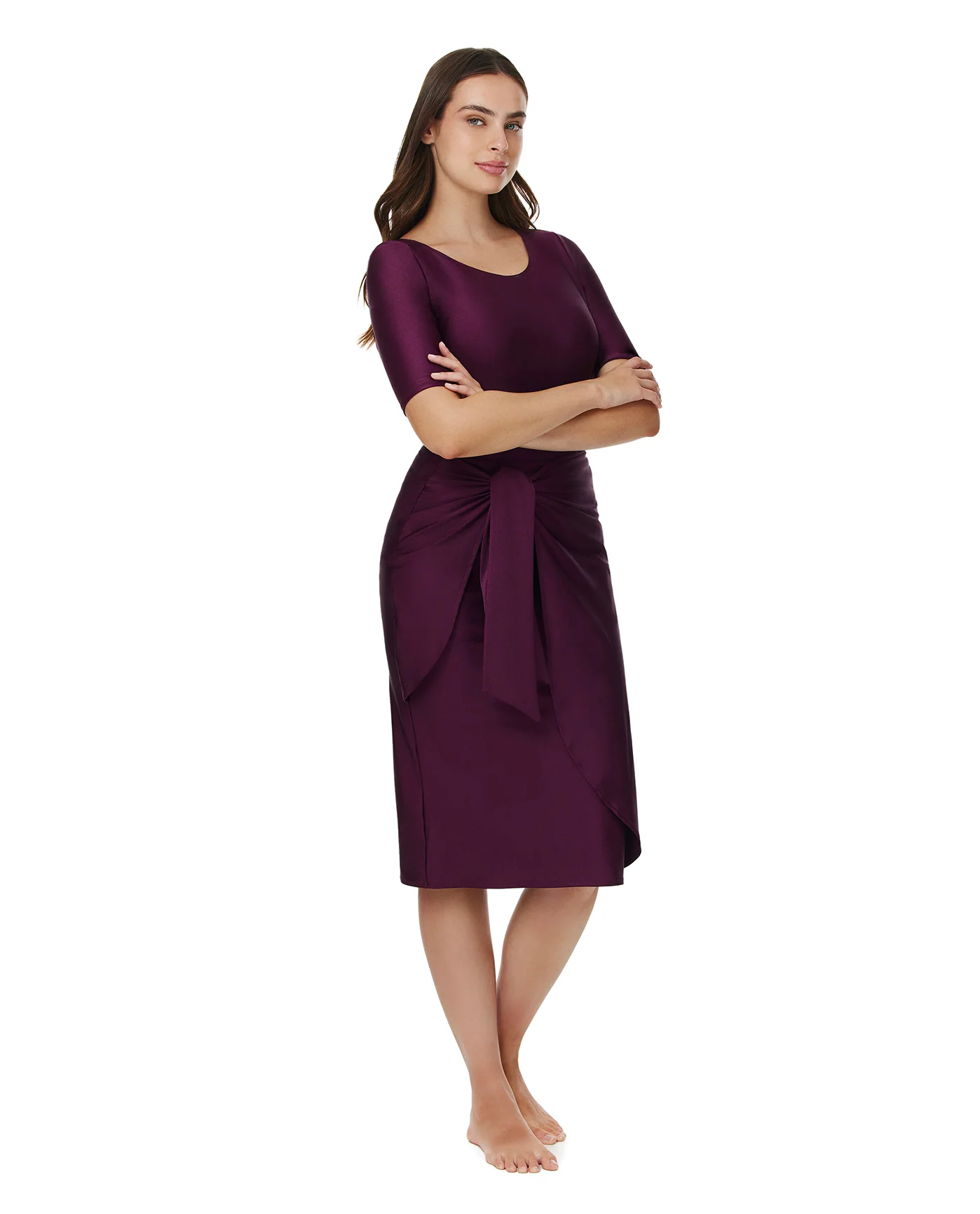 Modest Faux Wrap Skirt with Tie-Burgundy - Image 7